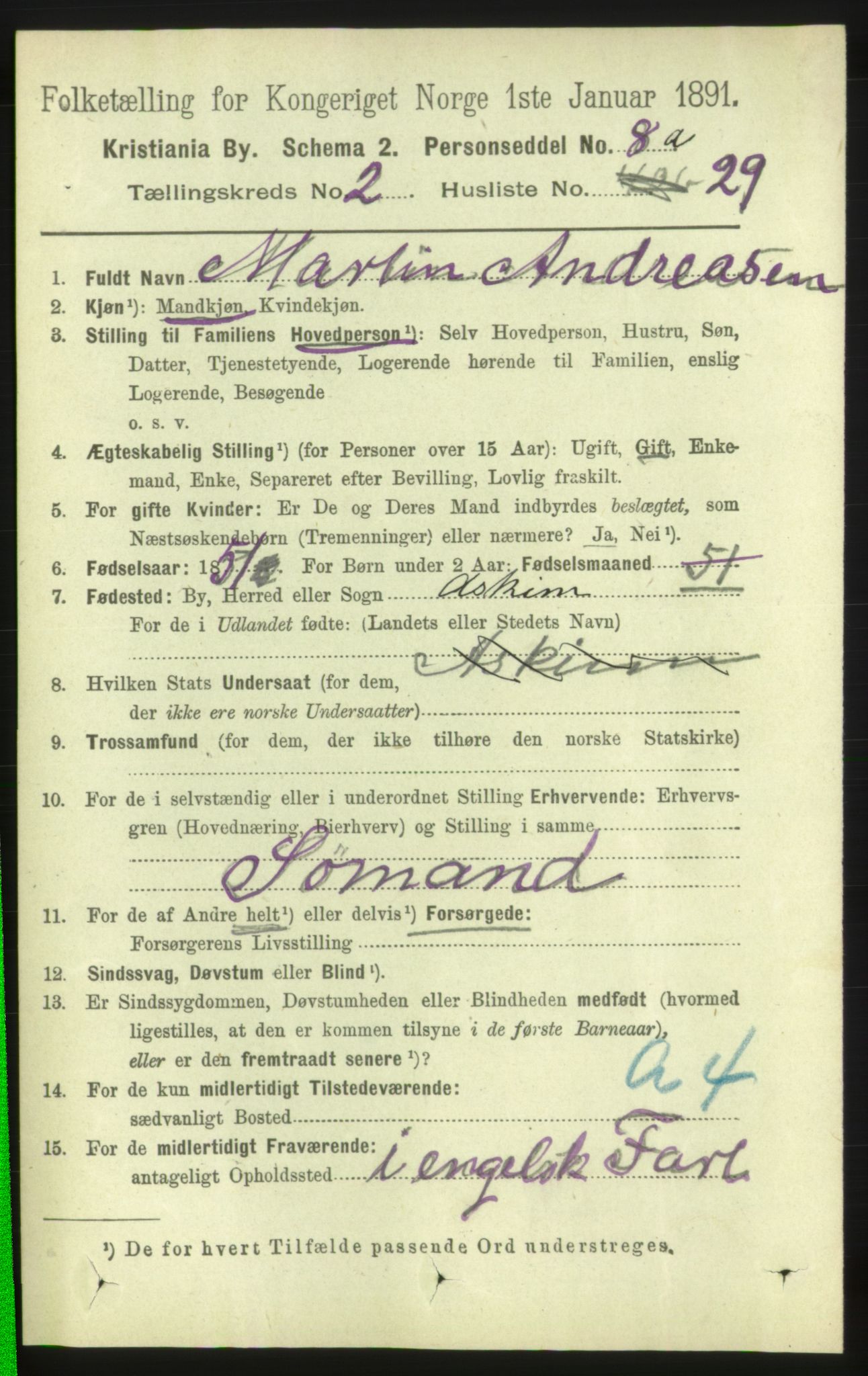 RA, 1891 census for 0301 Kristiania, 1891, p. 1095