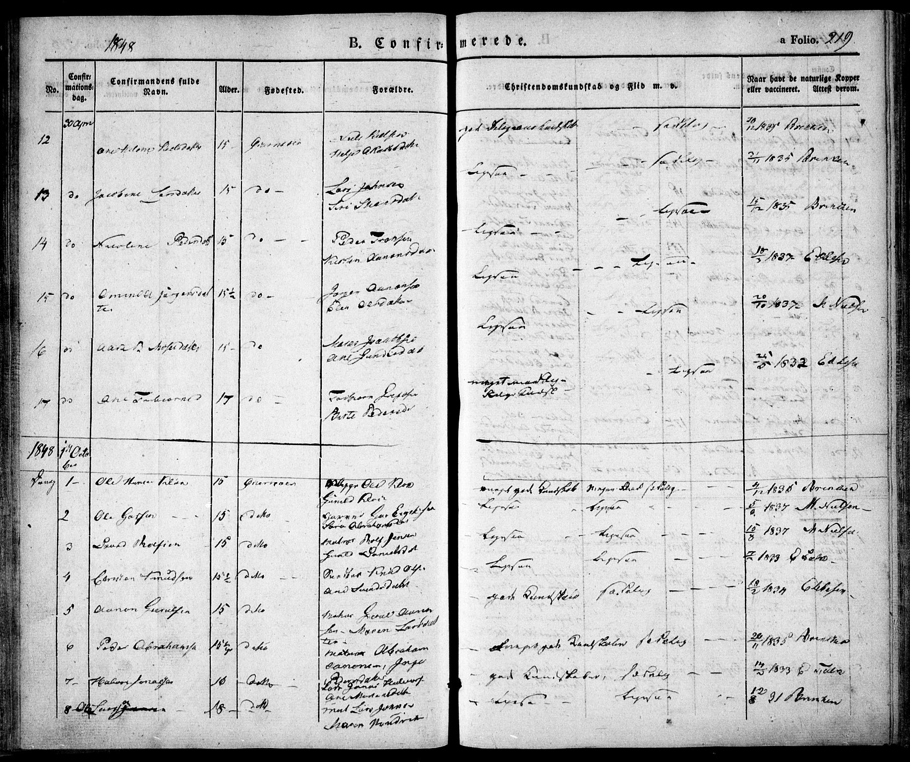 Risør sokneprestkontor, AV/SAK-1111-0035/F/Fa/L0003: Parish register (official) no. A 3, 1838-1864, p. 219