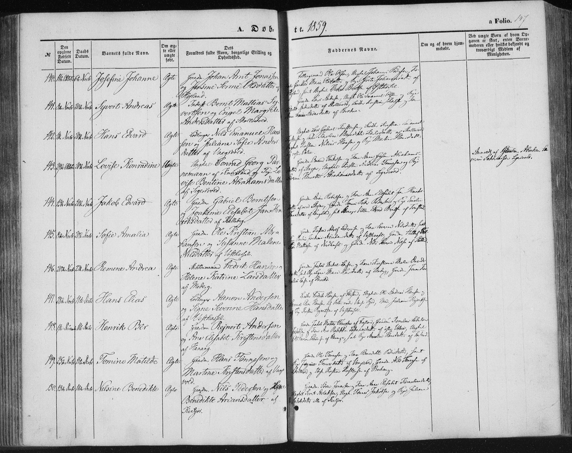 Lista sokneprestkontor, SAK/1111-0027/F/Fa/L0010: Parish register (official) no. A 10, 1846-1861, p. 147