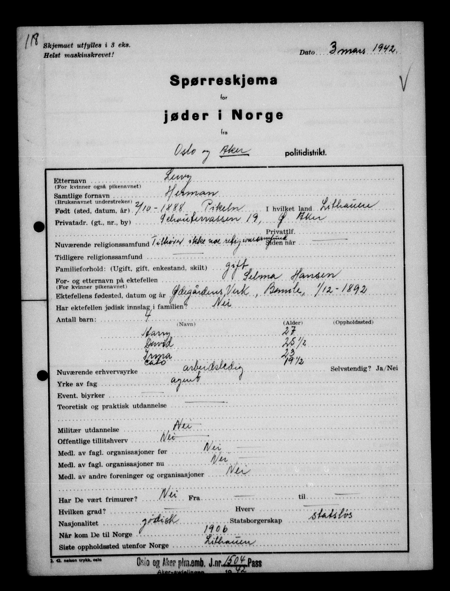 Statspolitiet - Hovedkontoret / Osloavdelingen, AV/RA-S-1329/G/Ga/L0012: Spørreskjema for jøder i Norge. 1: Aker 114- 207 (Levinson-Wozak) og 656 (Salomon). 2: Arendal-Hordaland. 3: Horten-Romerike.  , 1942, p. 15