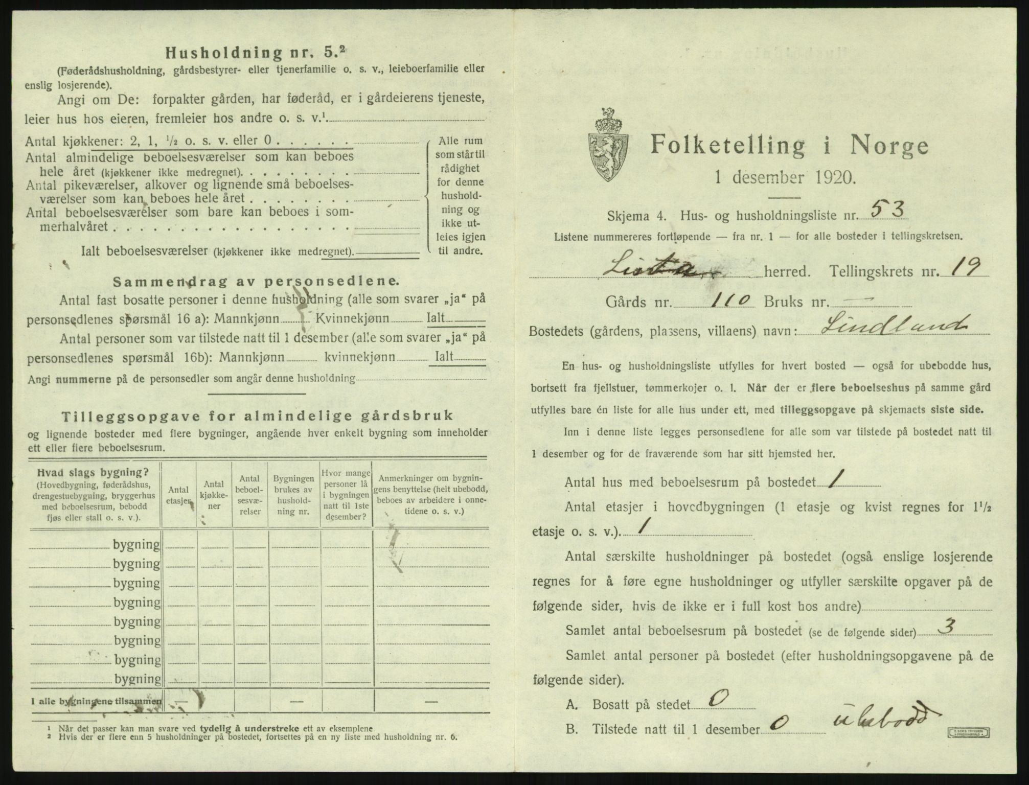 SAK, 1920 census for Lista, 1920, p. 2845