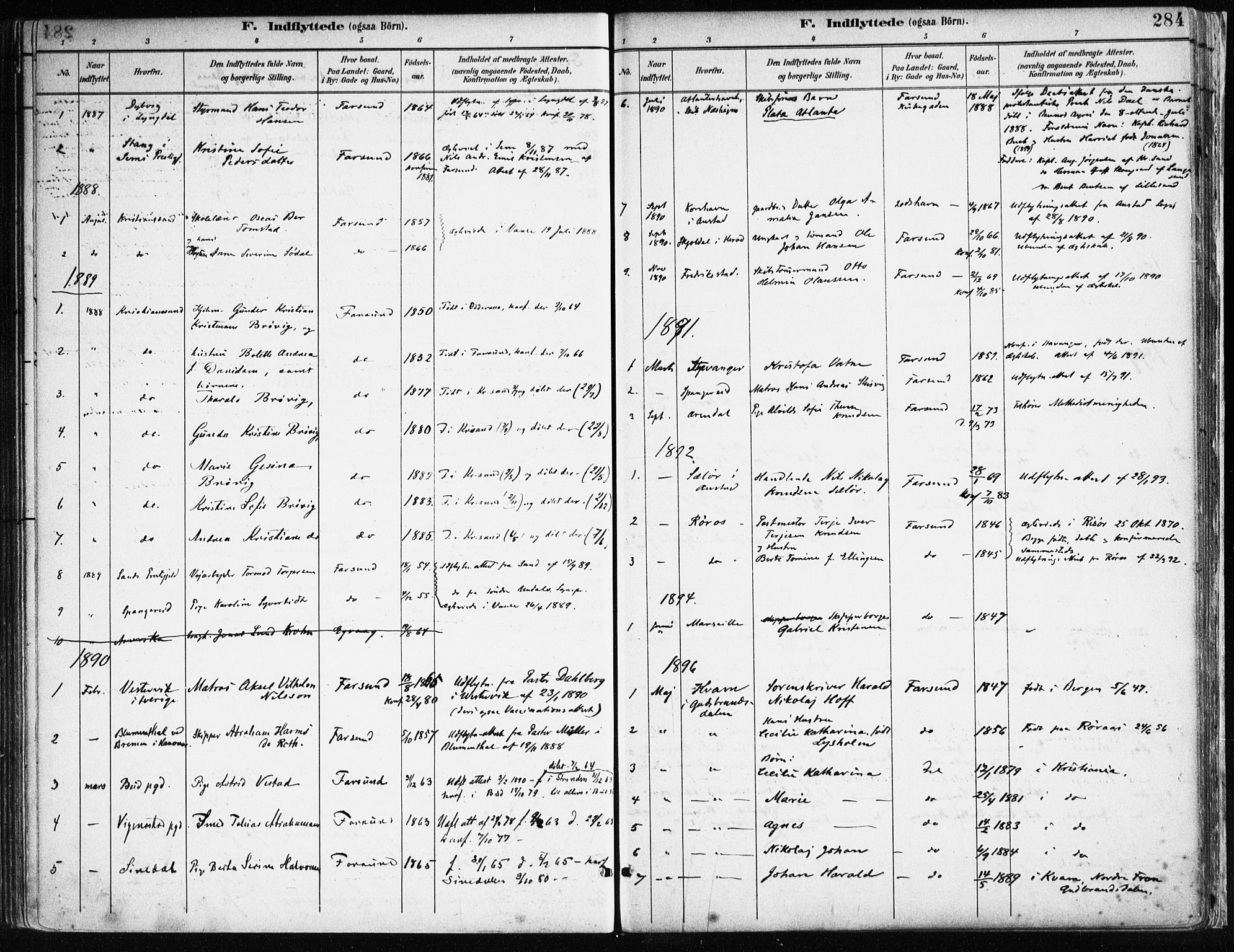 Farsund sokneprestkontor, SAK/1111-0009/F/Fa/L0006: Parish register (official) no. A 6, 1887-1920, p. 284