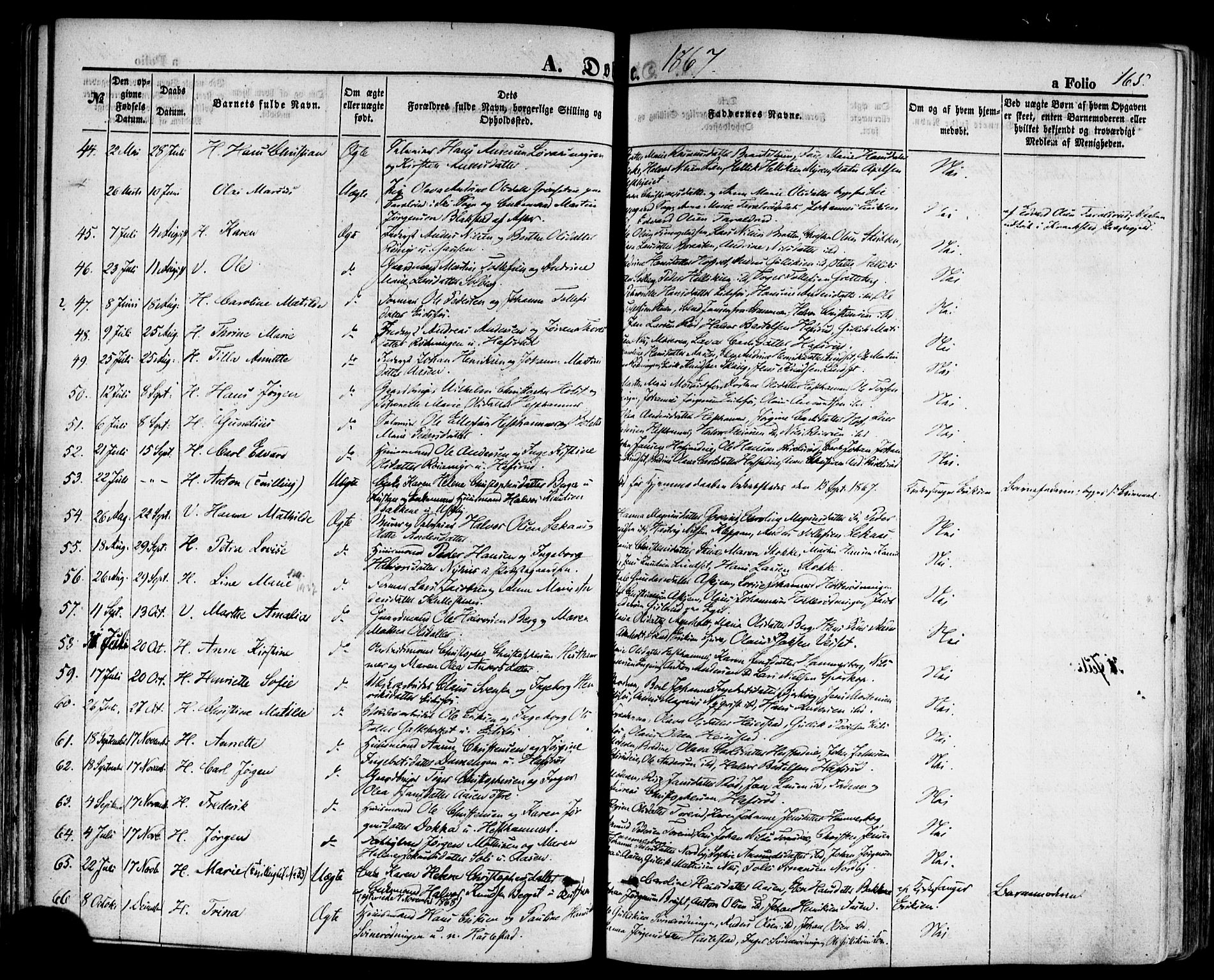 Hof kirkebøker, AV/SAKO-A-64/F/Fa/L0006: Parish register (official) no. I 6, 1851-1877, p. 165