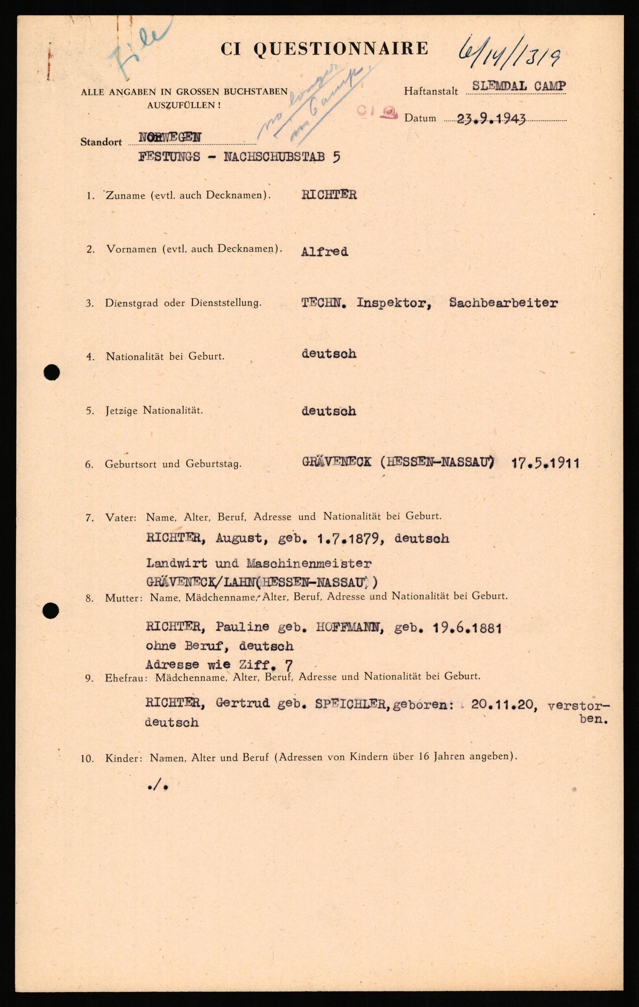 Forsvaret, Forsvarets overkommando II, AV/RA-RAFA-3915/D/Db/L0027: CI Questionaires. Tyske okkupasjonsstyrker i Norge. Tyskere., 1945-1946, p. 303