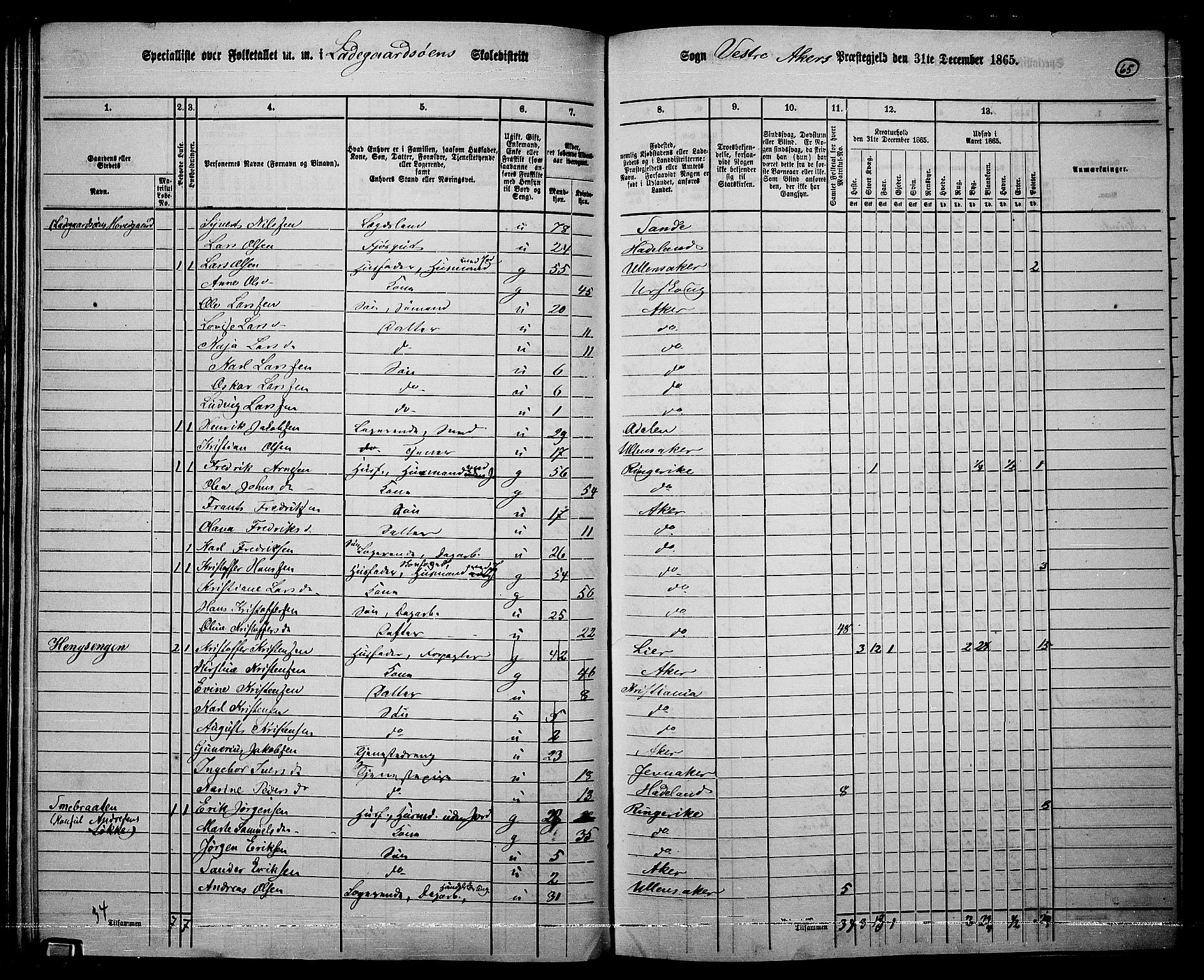 RA, 1865 census for Vestre Aker, 1865, p. 62