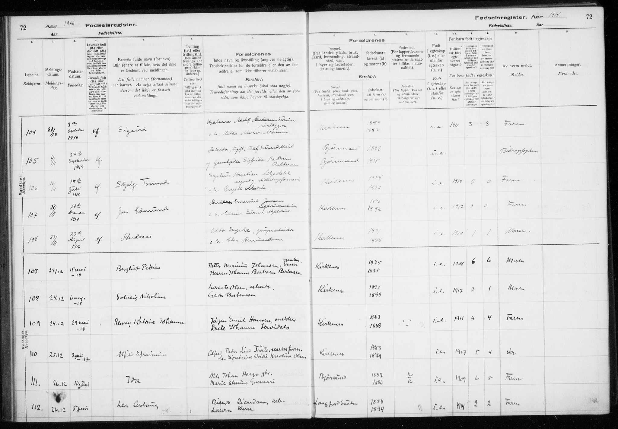 Sør-Varanger sokneprestkontor, AV/SATØ-S-1331/I/Ia/L0016: Birth register no. 16, 1915-1925, p. 72