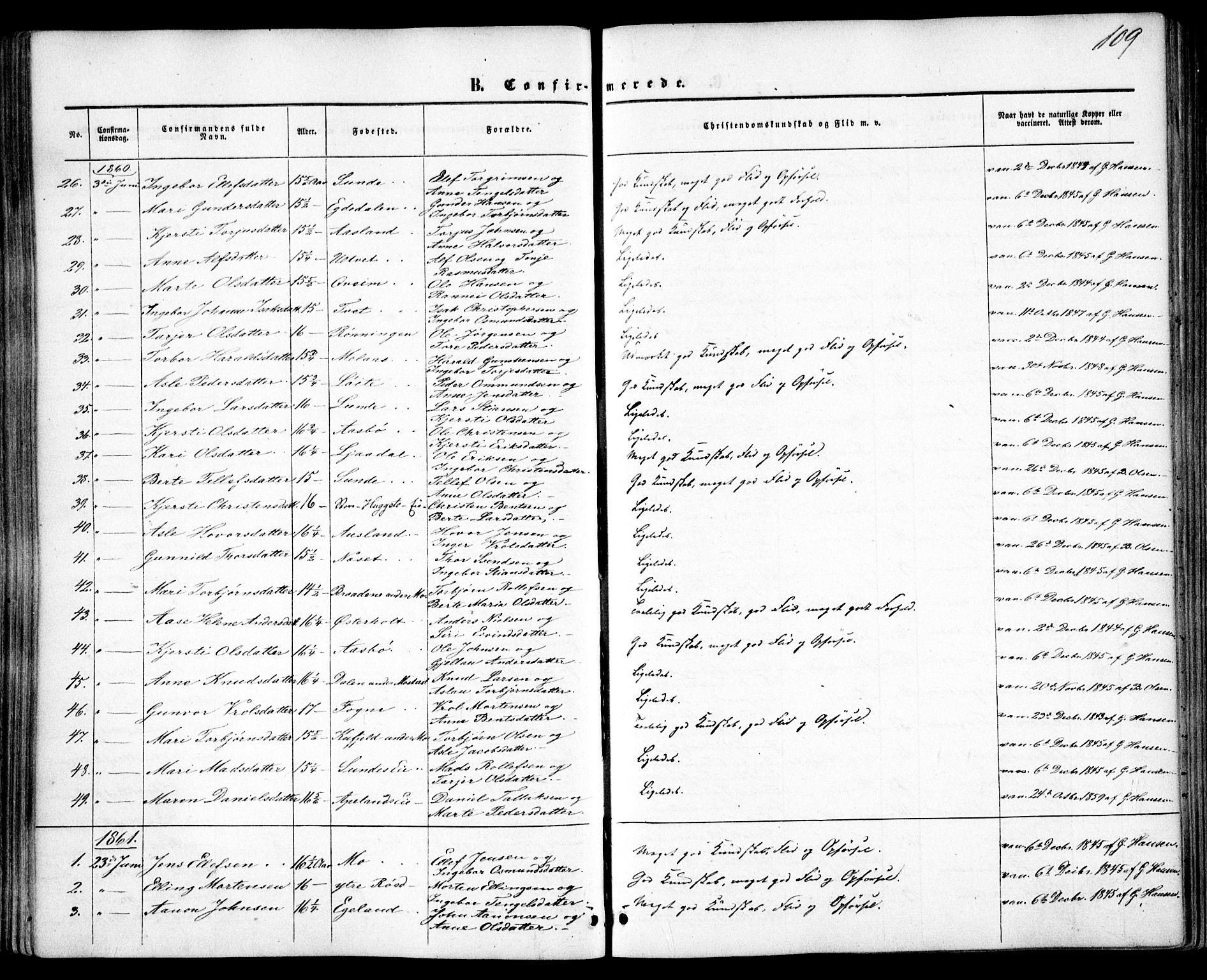 Gjerstad sokneprestkontor, SAK/1111-0014/F/Fa/Faa/L0007: Parish register (official) no. A 7, 1858-1875, p. 109