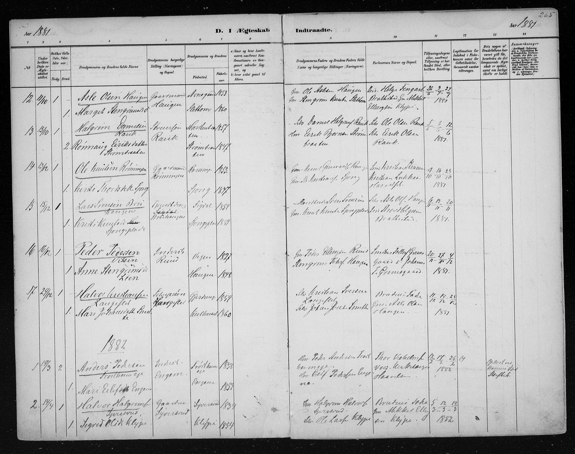 Nes kirkebøker, SAKO/A-236/F/Fa/L0011: Parish register (official) no. 11, 1881-1912, p. 265