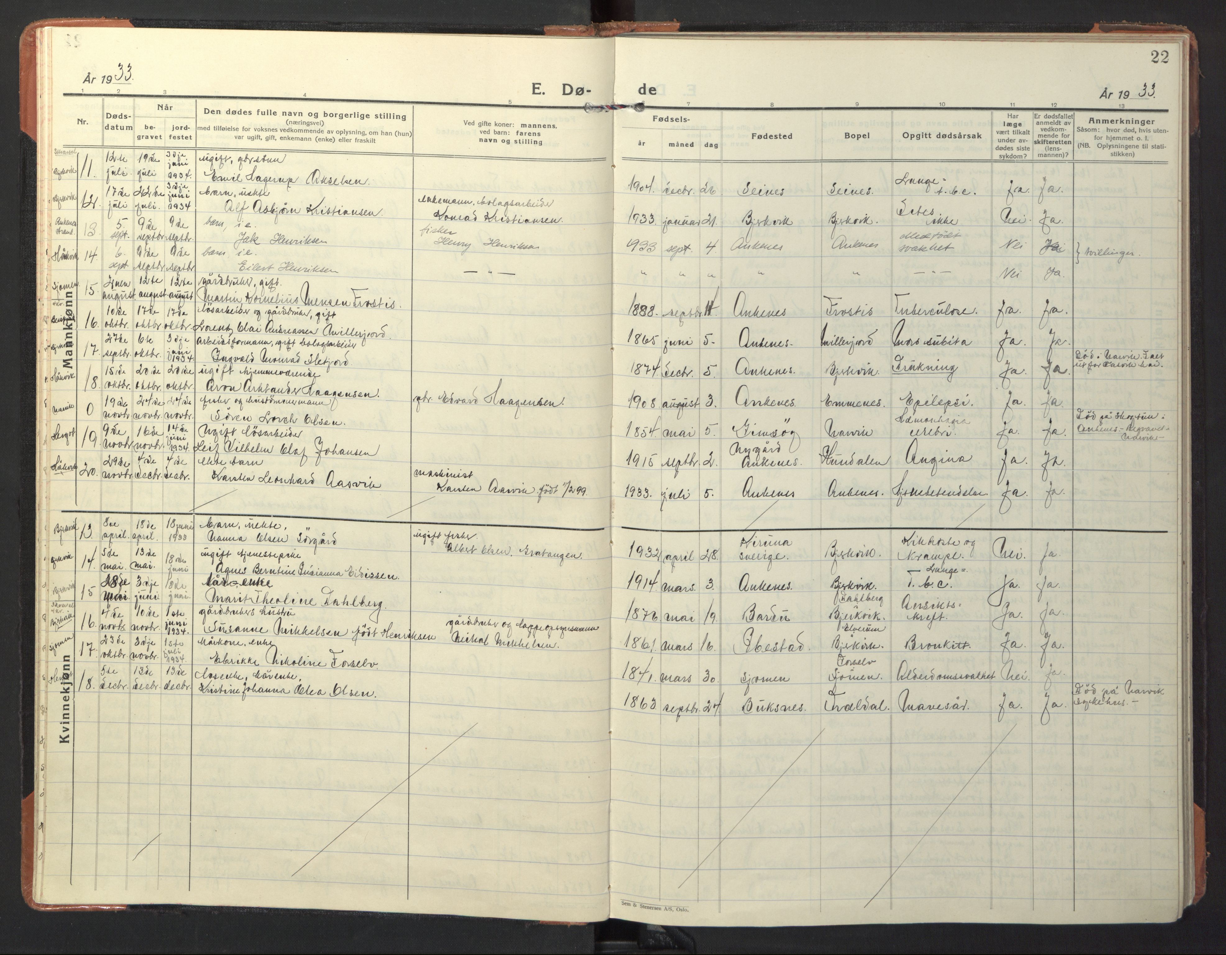 Ministerialprotokoller, klokkerbøker og fødselsregistre - Nordland, AV/SAT-A-1459/866/L0947: Parish register (official) no. 866A10, 1926-1958, p. 22