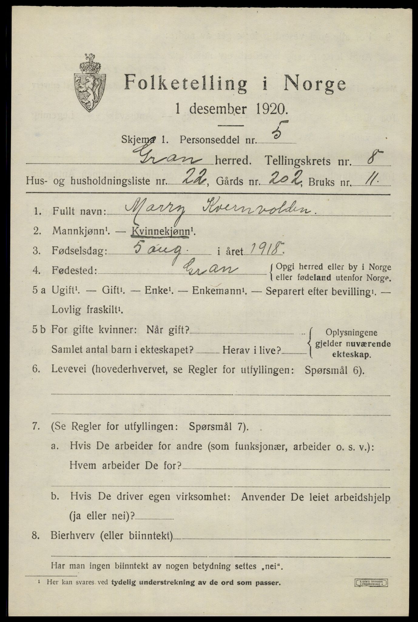 SAH, 1920 census for Gran, 1920, p. 10726