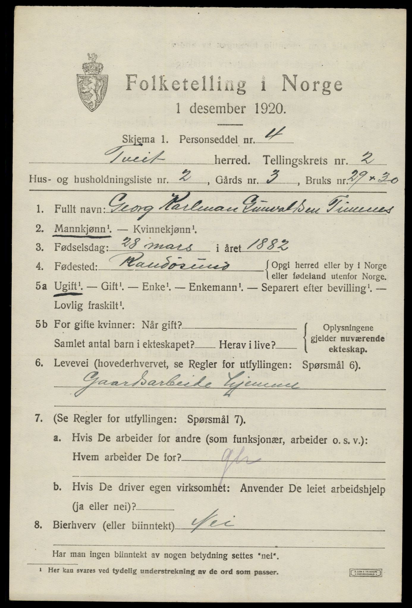 SAK, 1920 census for Tveit, 1920, p. 1238