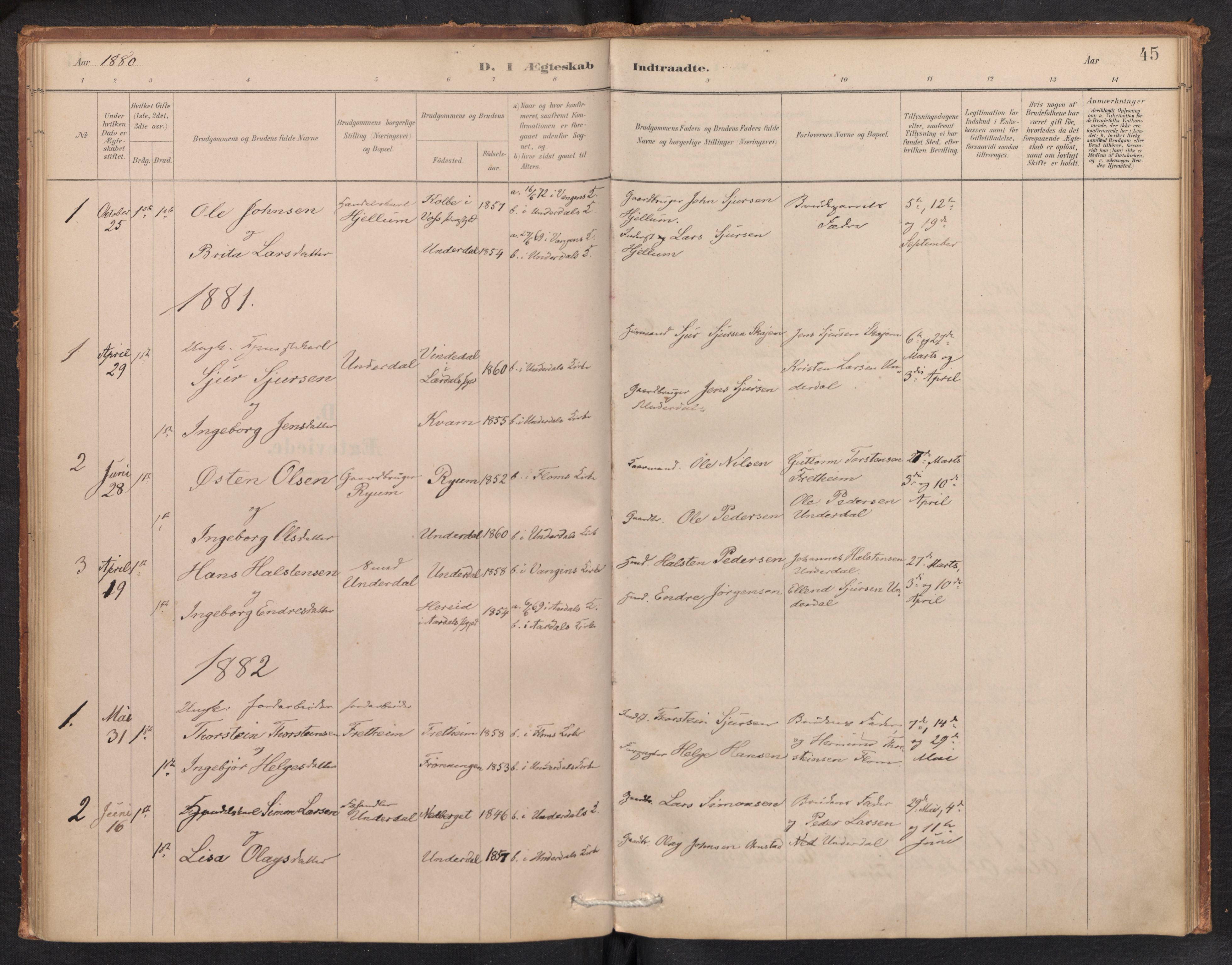 Aurland sokneprestembete, SAB/A-99937/H/Ha/Hae/L0001: Parish register (official) no. E 1, 1880-1907, p. 44b-45a