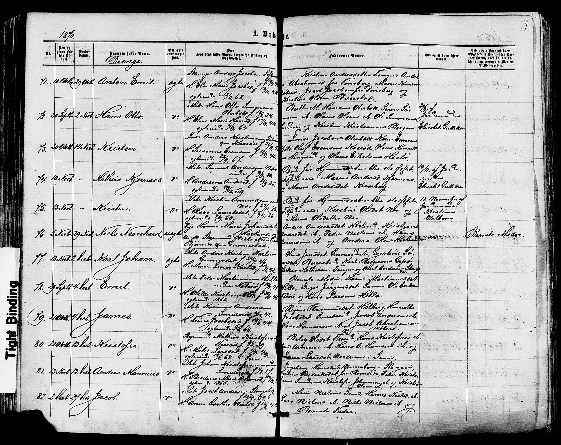 Nøtterøy kirkebøker, AV/SAKO-A-354/F/Fa/L0007: Parish register (official) no. I 7, 1865-1877, p. 74