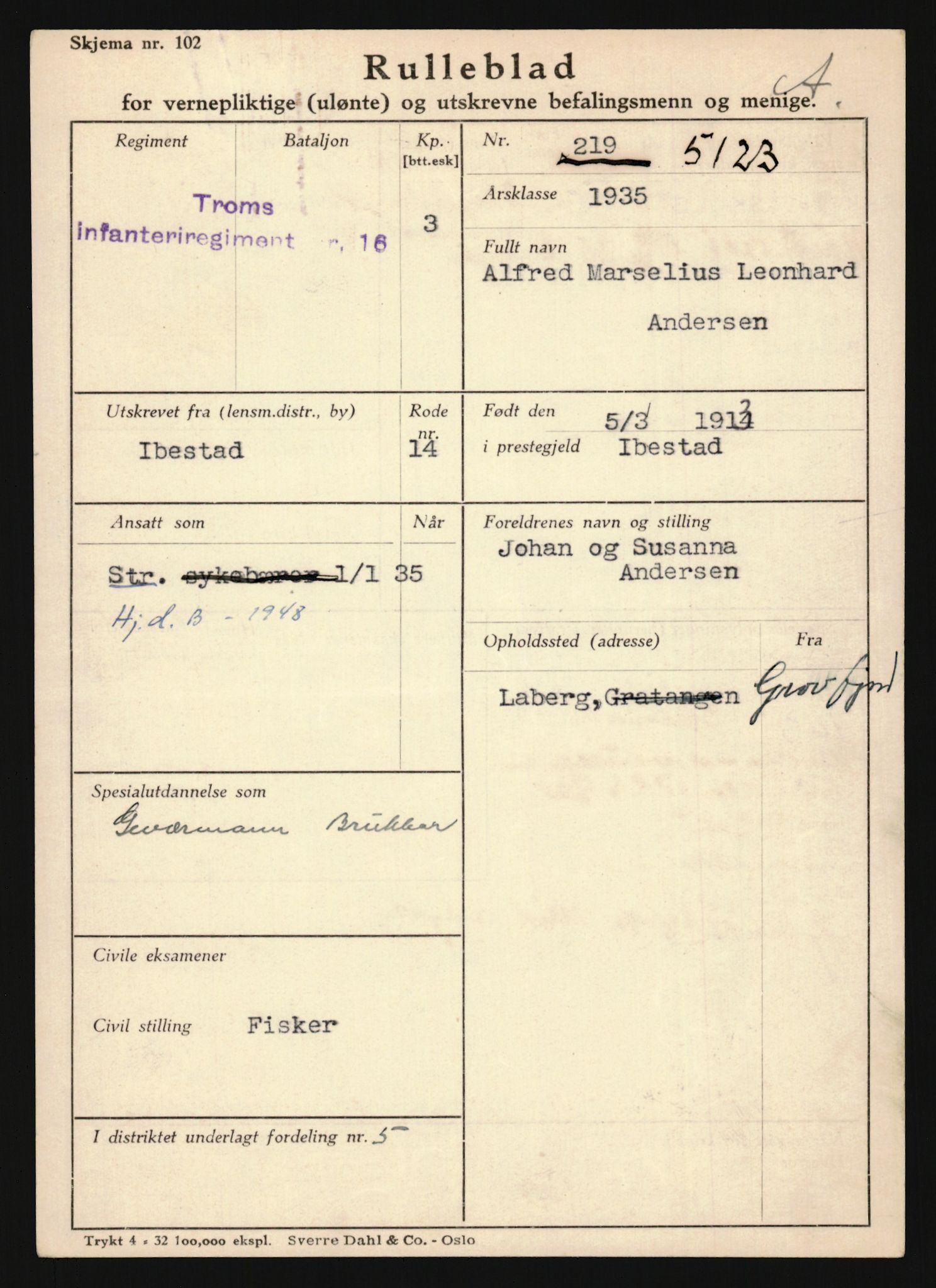 Forsvaret, Troms infanteriregiment nr. 16, AV/RA-RAFA-3146/P/Pa/L0019: Rulleblad for regimentets menige mannskaper, årsklasse 1935, 1935, p. 17