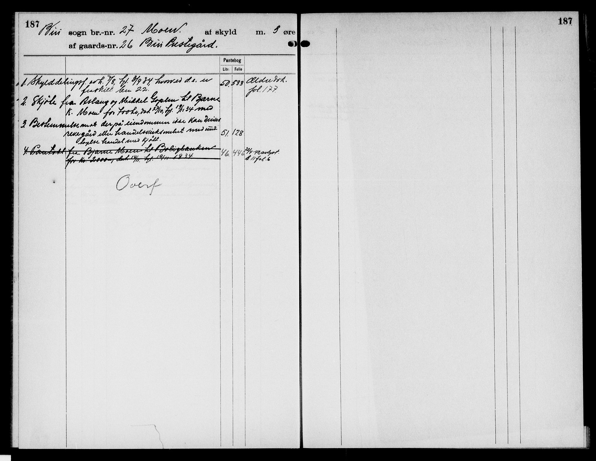 Toten tingrett, AV/SAH-TING-006/H/Ha/Haa/L0016: Mortgage register no. 16, 1915, p. 187