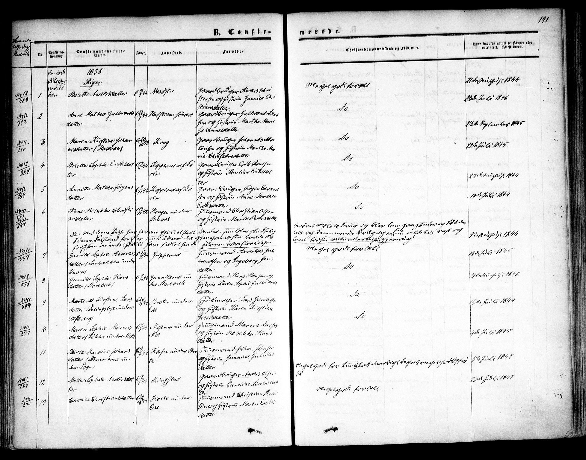 Høland prestekontor Kirkebøker, AV/SAO-A-10346a/F/Fa/L0010: Parish register (official) no. I 10, 1854-1861, p. 191