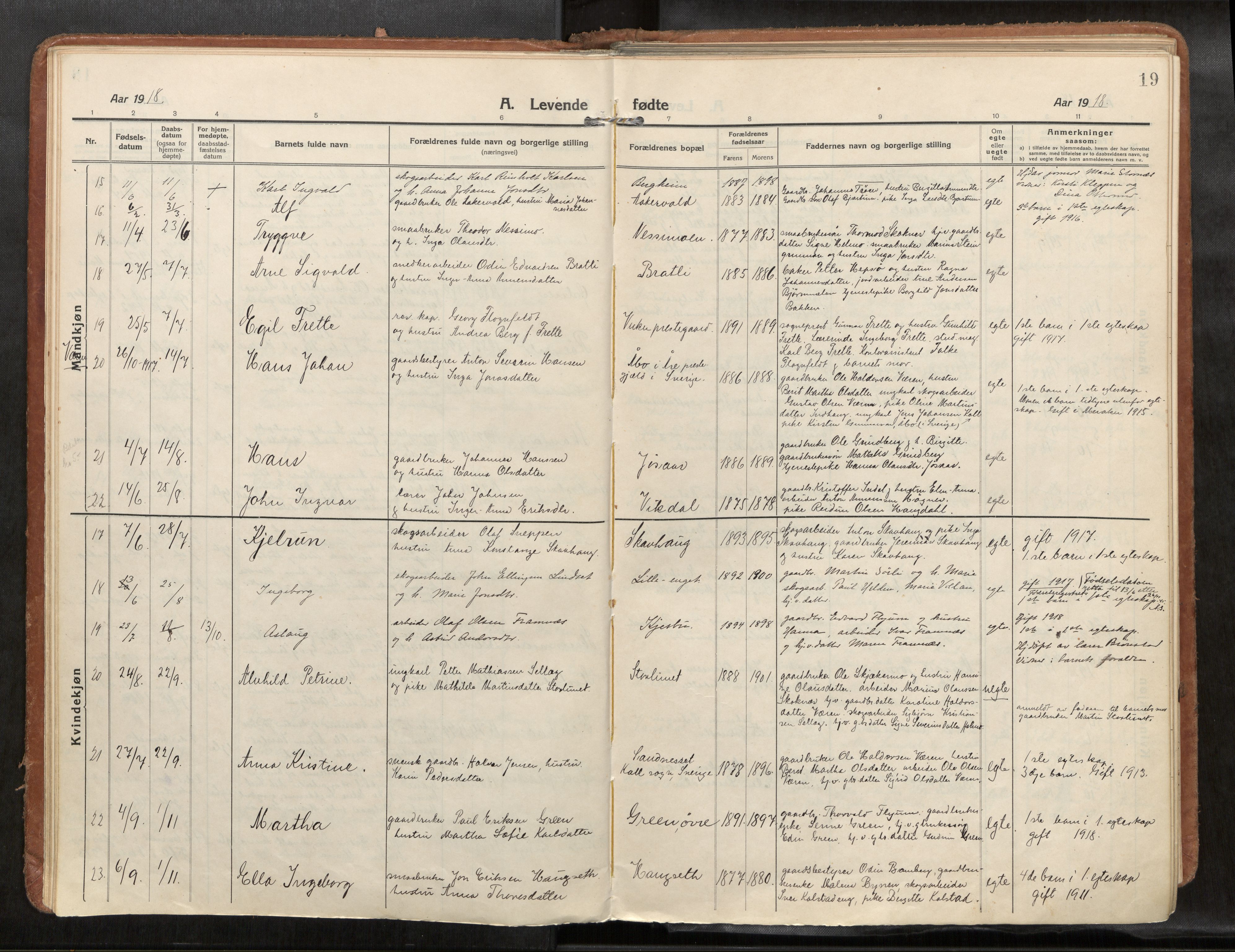 Verdal sokneprestkontor, SAT/A-1156/2/H/Haa/L0004: Parish register (official) no. 4, 1916-1928, p. 19
