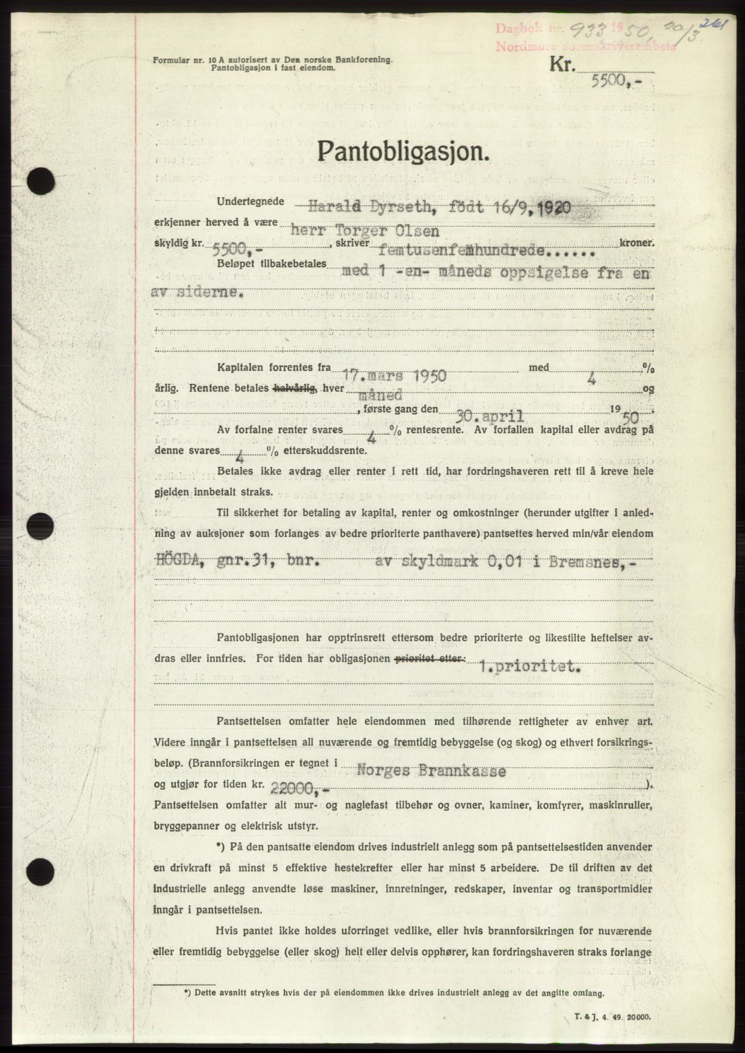 Nordmøre sorenskriveri, AV/SAT-A-4132/1/2/2Ca: Mortgage book no. B104, 1950-1950, Diary no: : 933/1950