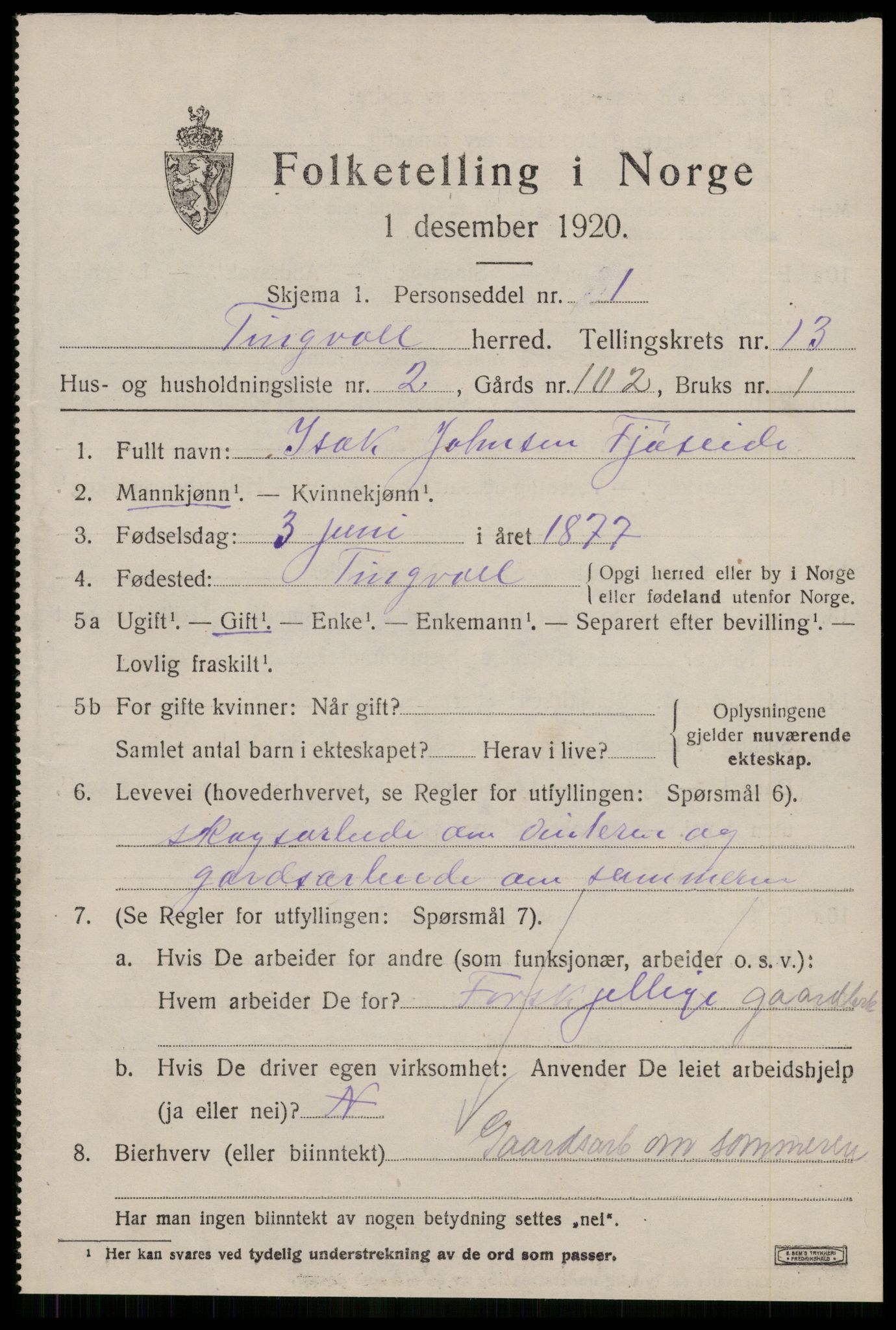 SAT, 1920 census for Tingvoll, 1920, p. 6798