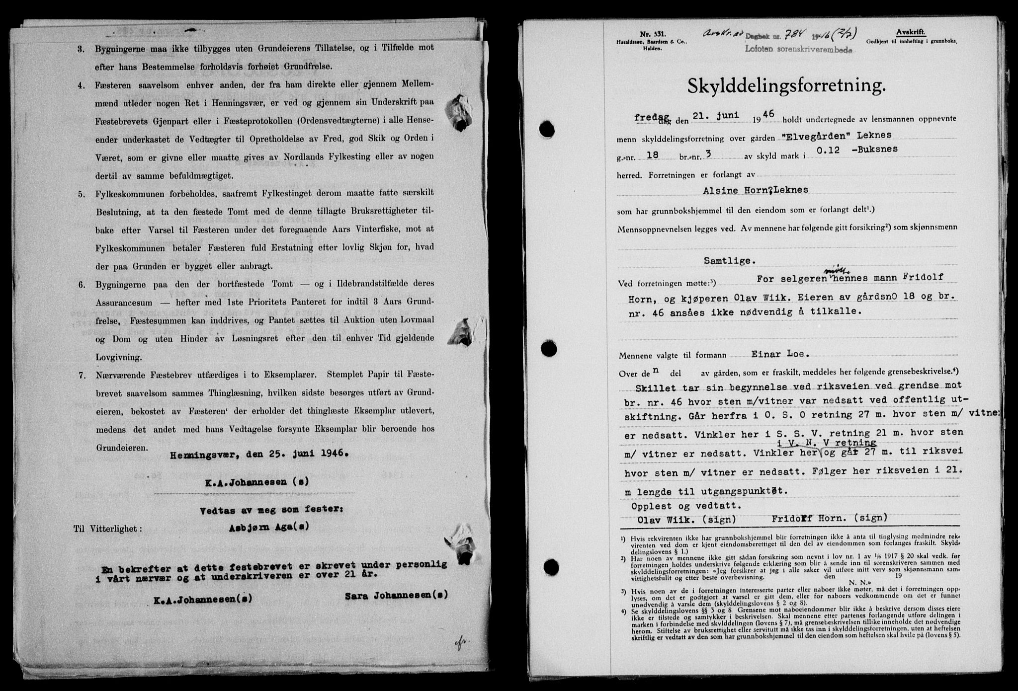 Lofoten sorenskriveri, SAT/A-0017/1/2/2C/L0014a: Mortgage book no. 14a, 1946-1946, Diary no: : 784/1946