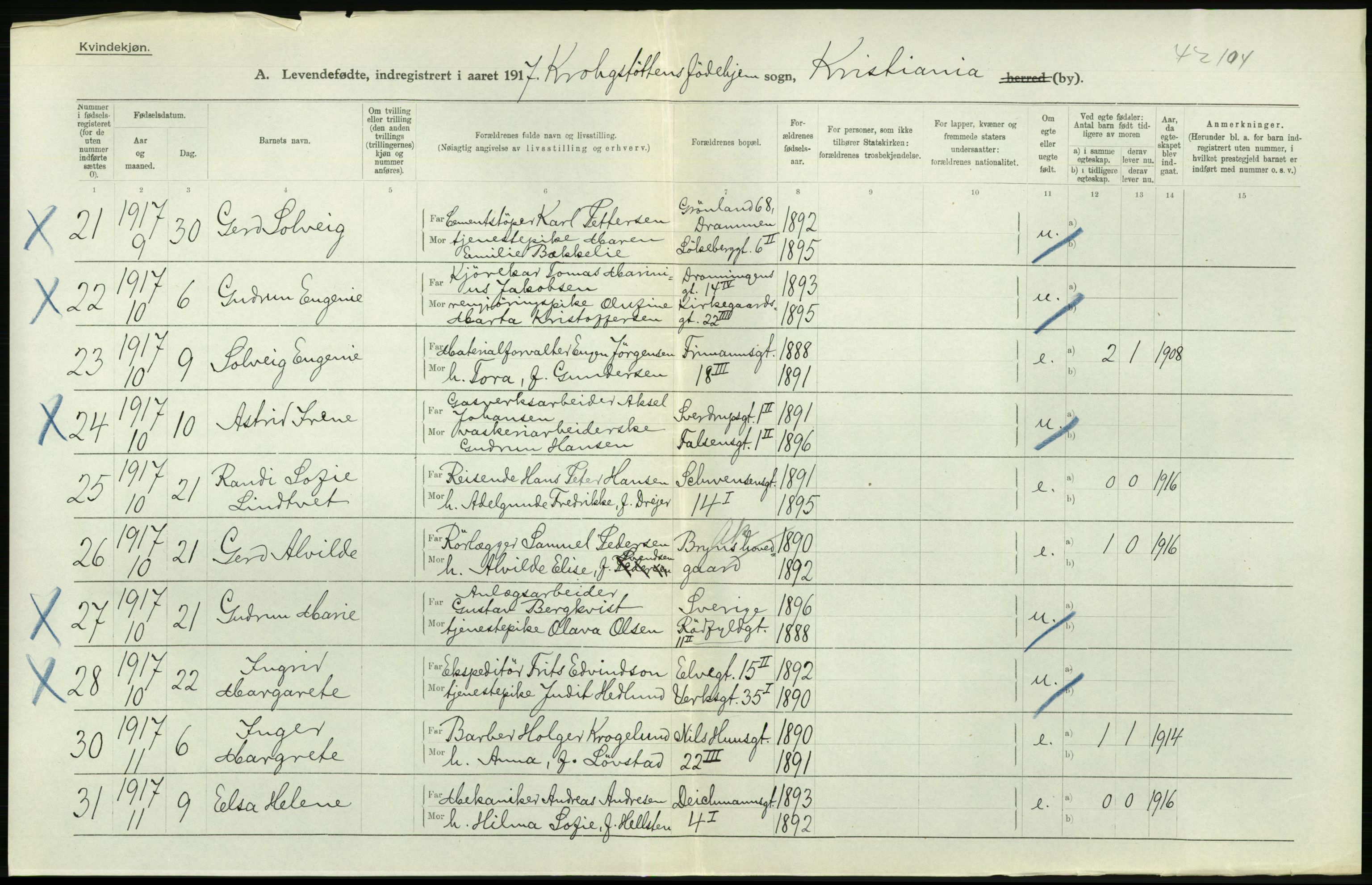 Statistisk sentralbyrå, Sosiodemografiske emner, Befolkning, AV/RA-S-2228/D/Df/Dfb/Dfbg/L0007: Kristiania: Levendefødte menn og kvinner., 1917, p. 826