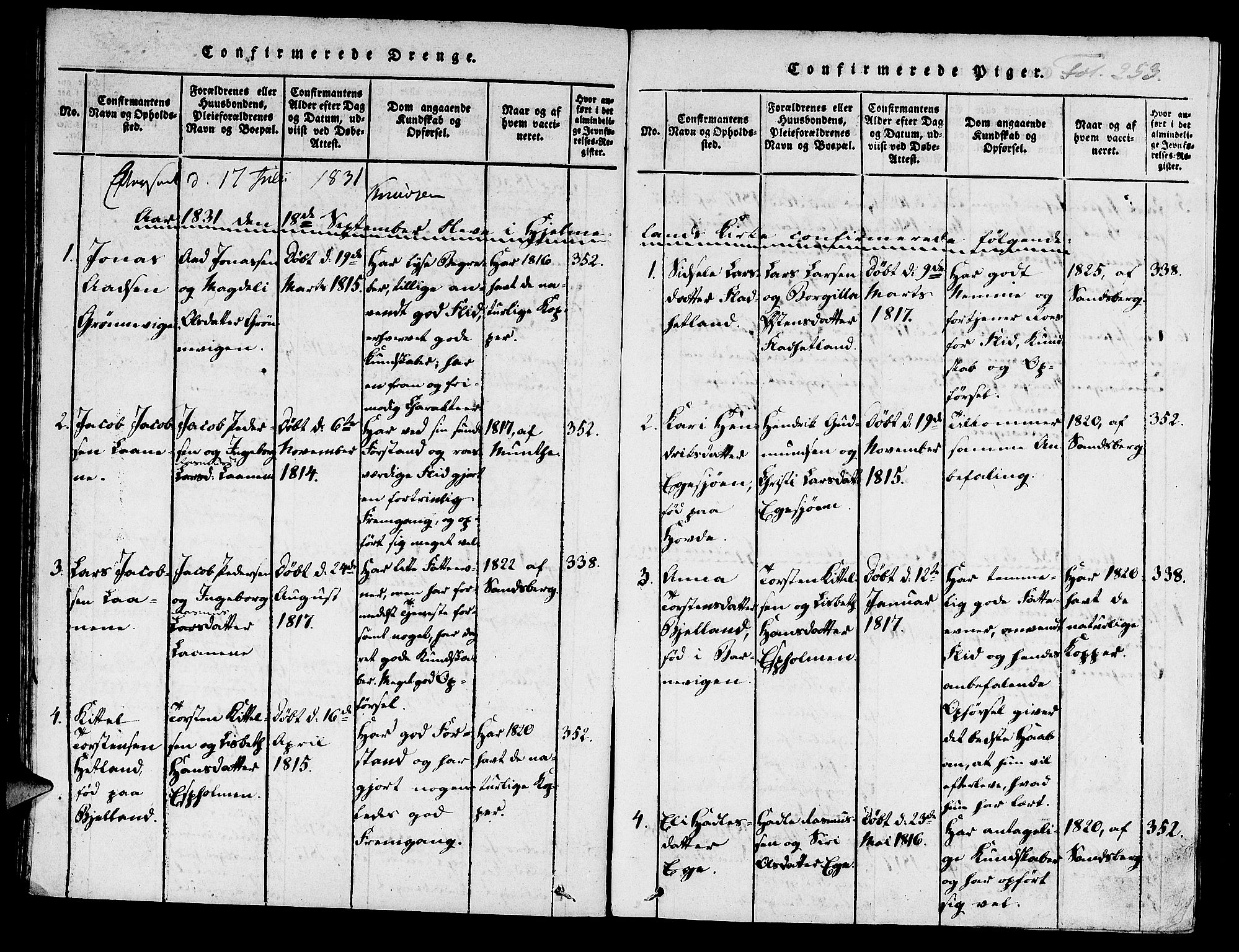 Hjelmeland sokneprestkontor, AV/SAST-A-101843/01/IV/L0004: Parish register (official) no. A 4, 1816-1834, p. 253