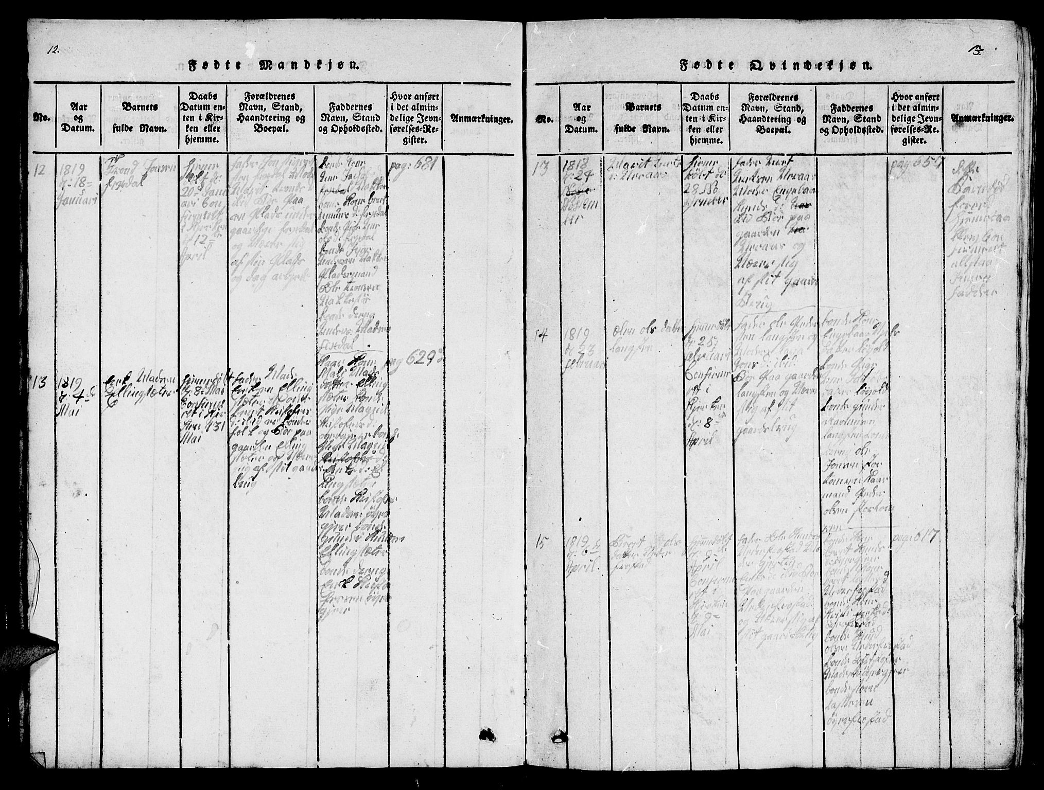 Ministerialprotokoller, klokkerbøker og fødselsregistre - Møre og Romsdal, SAT/A-1454/539/L0535: Parish register (copy) no. 539C01, 1818-1842, p. 12-13