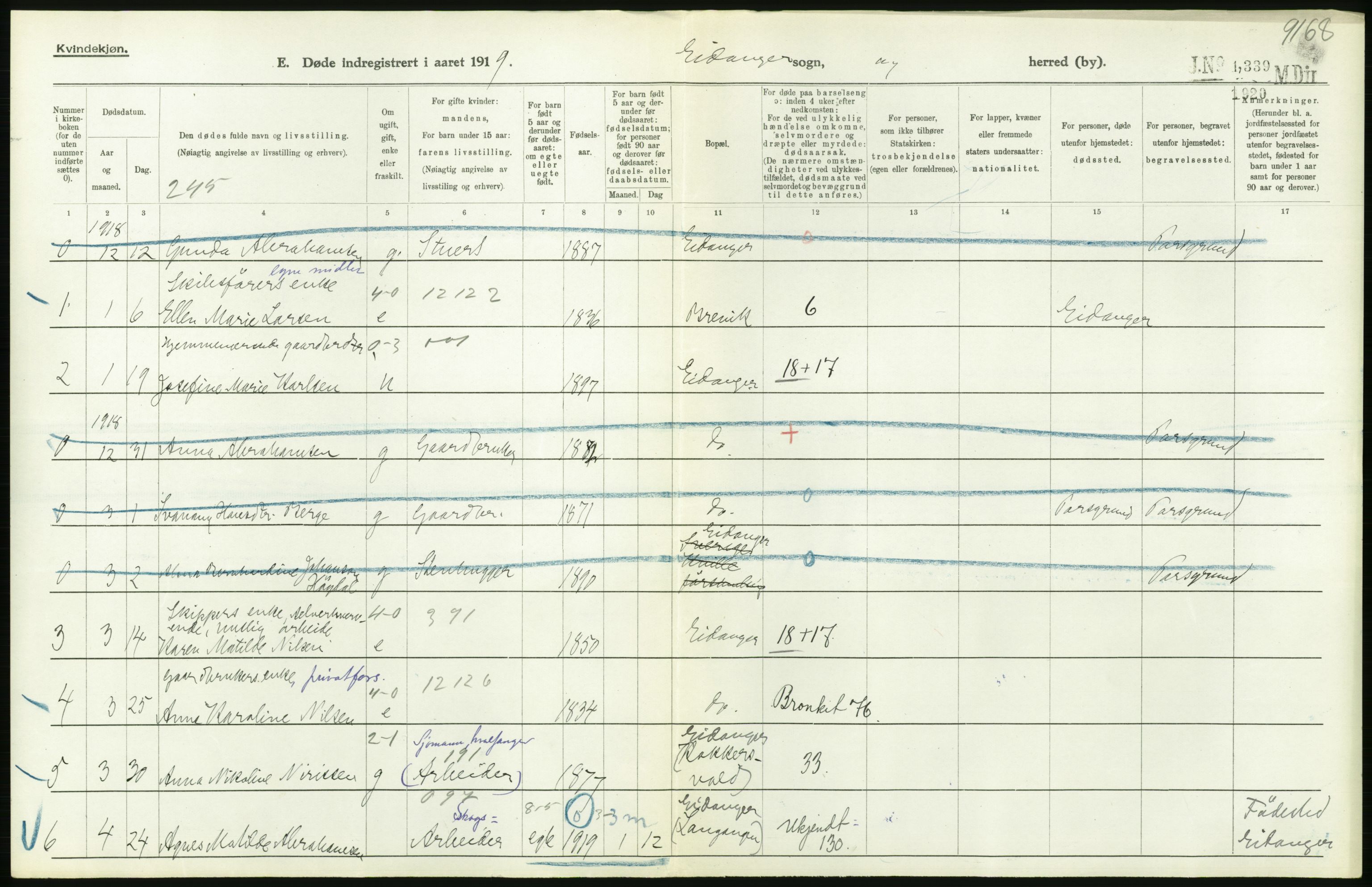 Statistisk sentralbyrå, Sosiodemografiske emner, Befolkning, RA/S-2228/D/Df/Dfb/Dfbi/L0023: Telemark fylke: Døde. Bygder og byer., 1919, p. 212