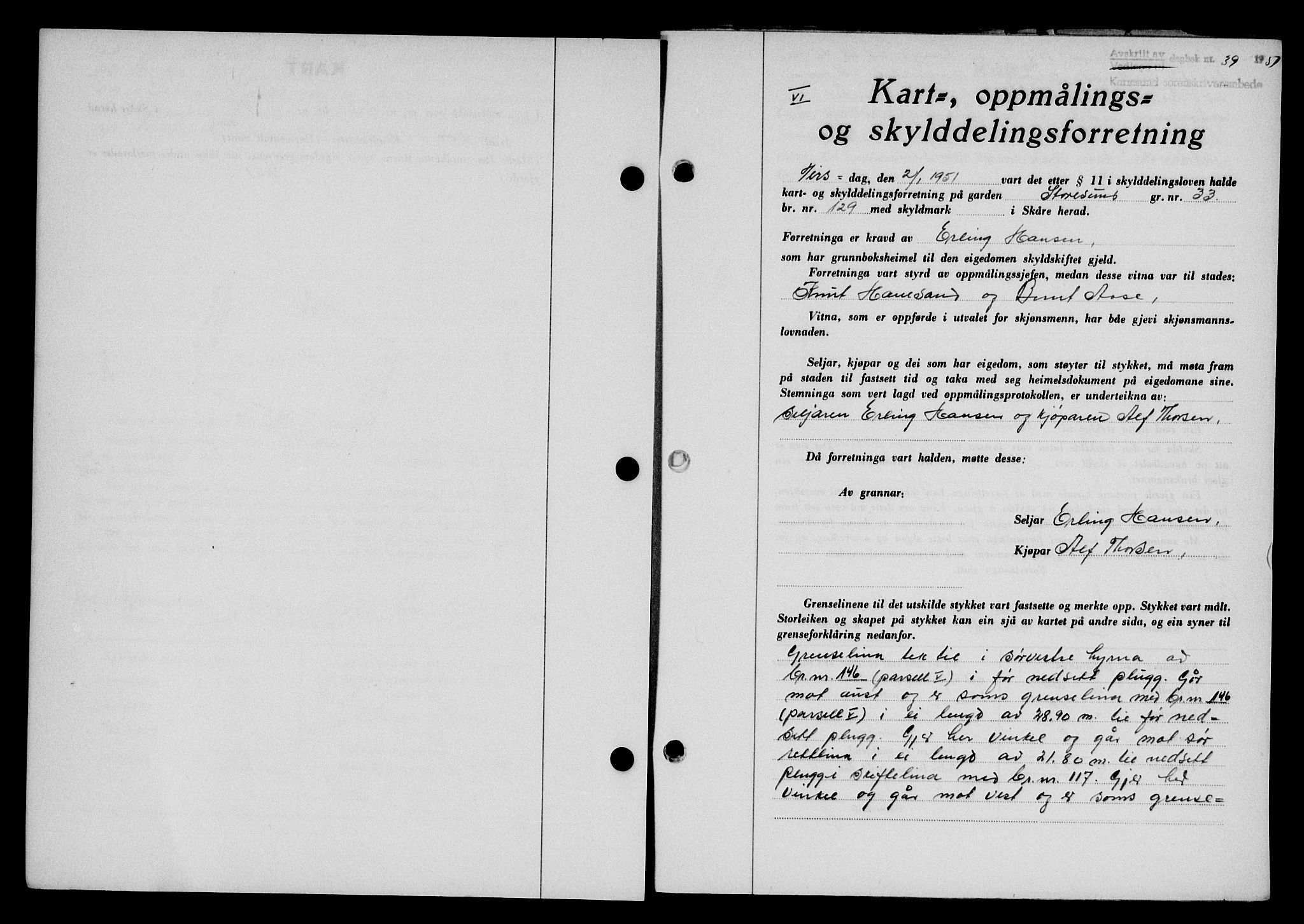 Karmsund sorenskriveri, SAST/A-100311/01/II/IIB/L0101: Mortgage book no. 81A, 1950-1951, Diary no: : 39/1951