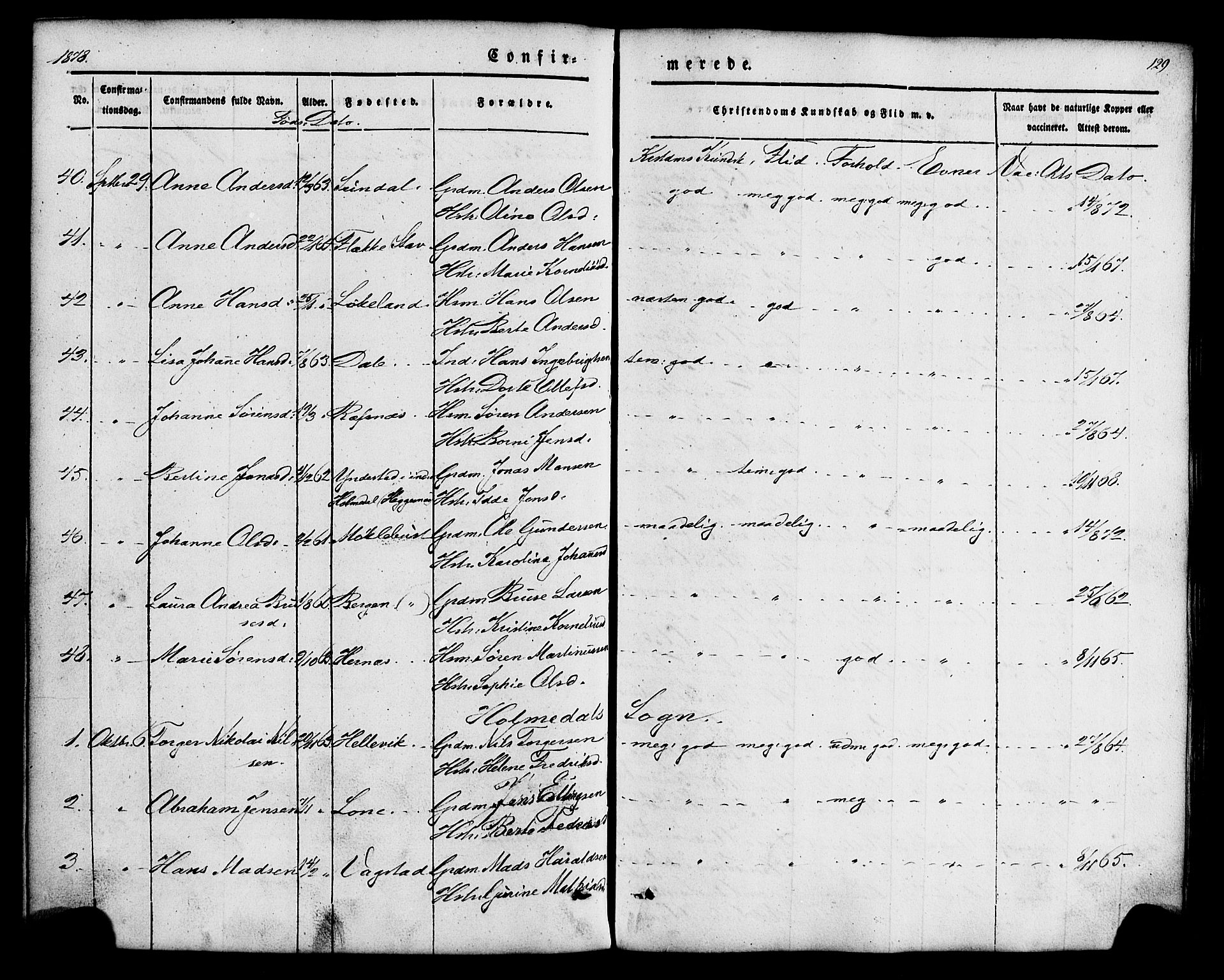 Fjaler sokneprestembete, AV/SAB-A-79801/H/Haa/Haaa/L0008: Parish register (official) no. A 8, 1850-1886, p. 129