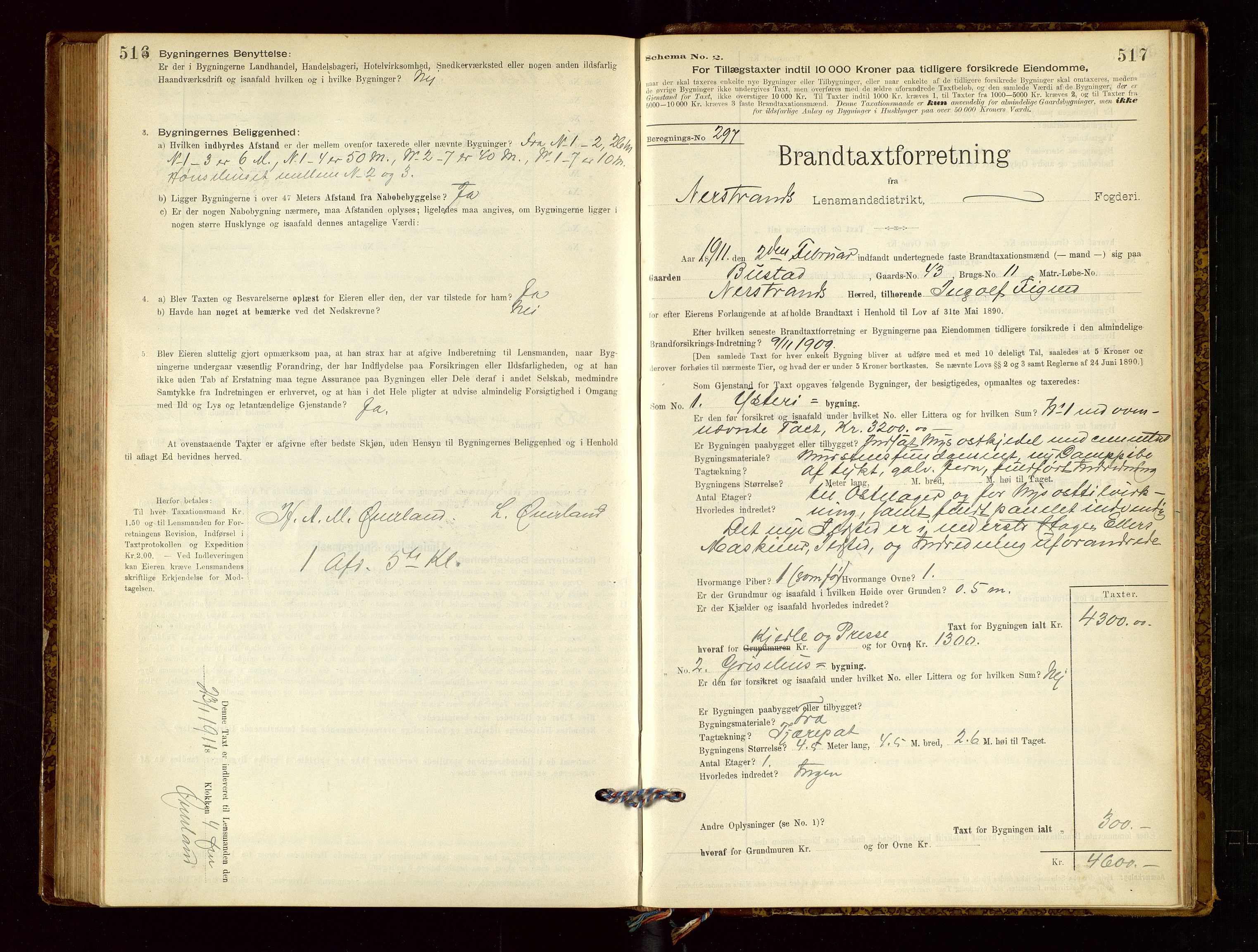Nedstrand lensmannskontor, SAST/A-100236/Gob/L0001: "Brandtaxationsprotokol for Nerstrand Lensmandsdistrikt Ryfylke fogderi", 1895-1915, p. 516-517