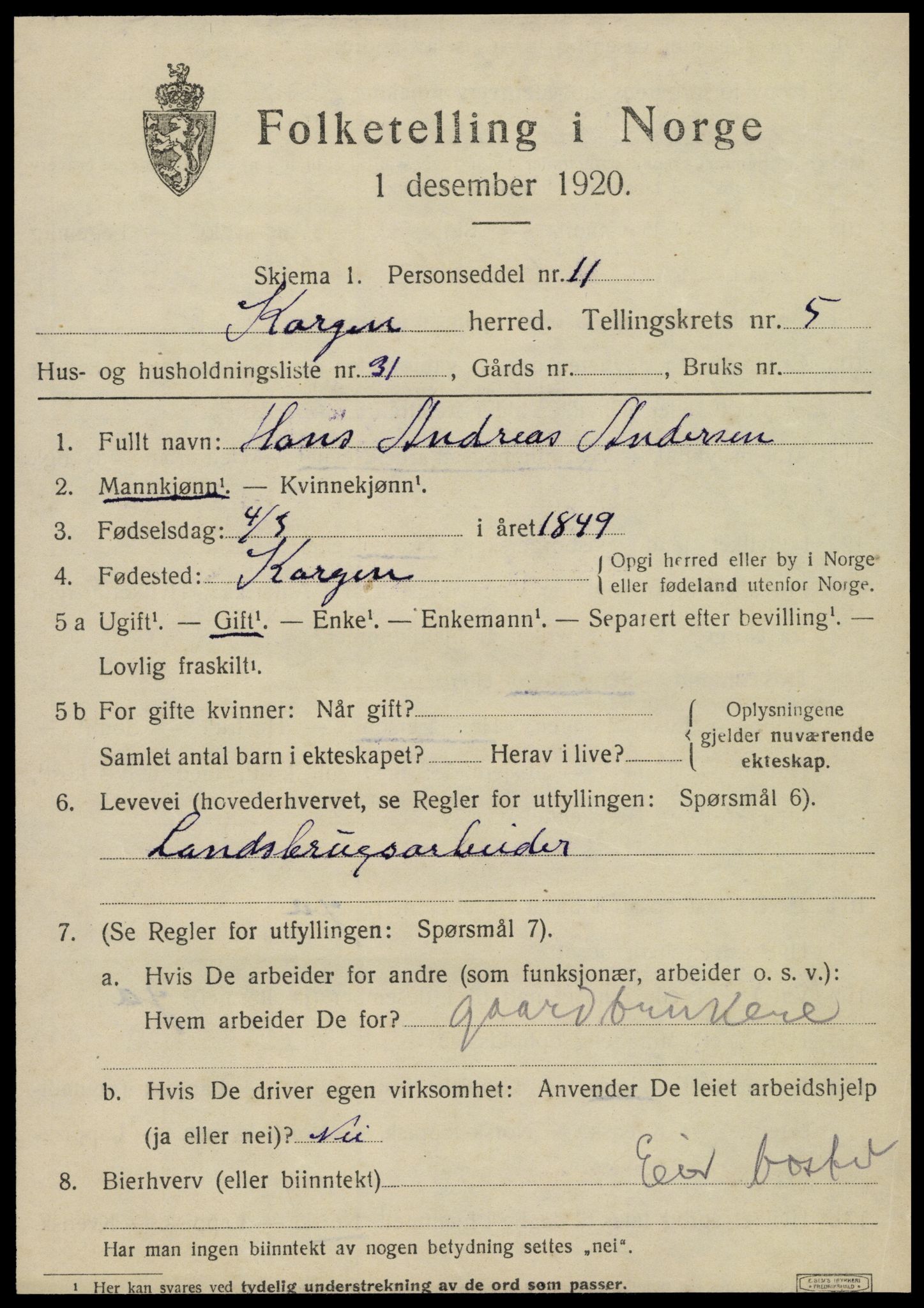 SAT, 1920 census for Korgen, 1920, p. 2408