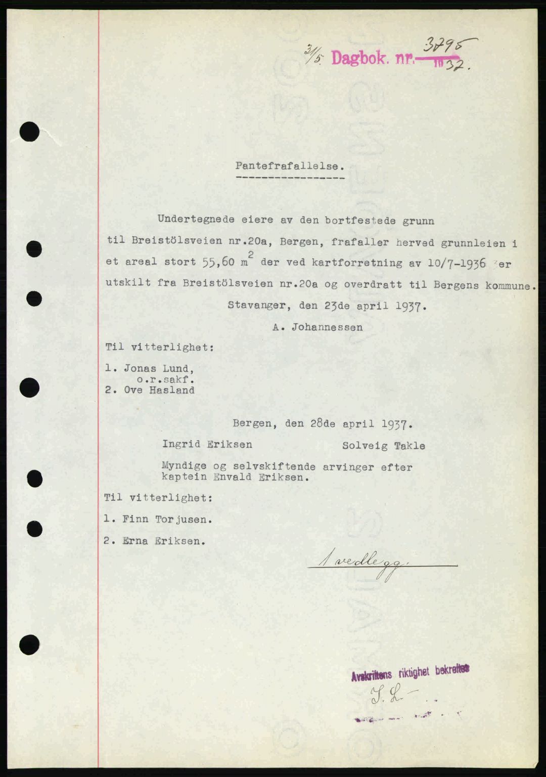 Byfogd og Byskriver i Bergen, AV/SAB-A-3401/03/03Bc/L0005: Mortgage book no. A4, 1937-1937, Diary no: : 3795/1937
