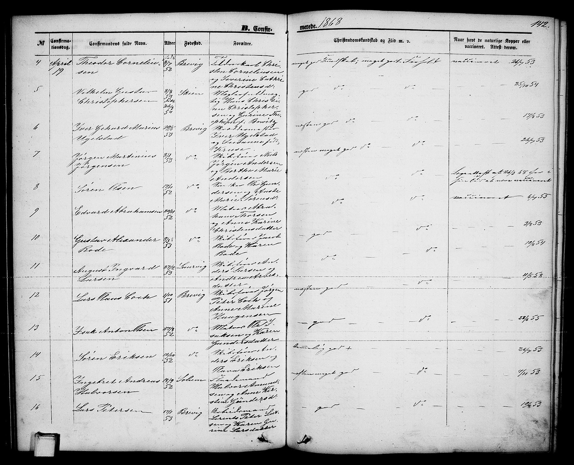 Brevik kirkebøker, AV/SAKO-A-255/G/Ga/L0003: Parish register (copy) no. 3, 1866-1881, p. 142