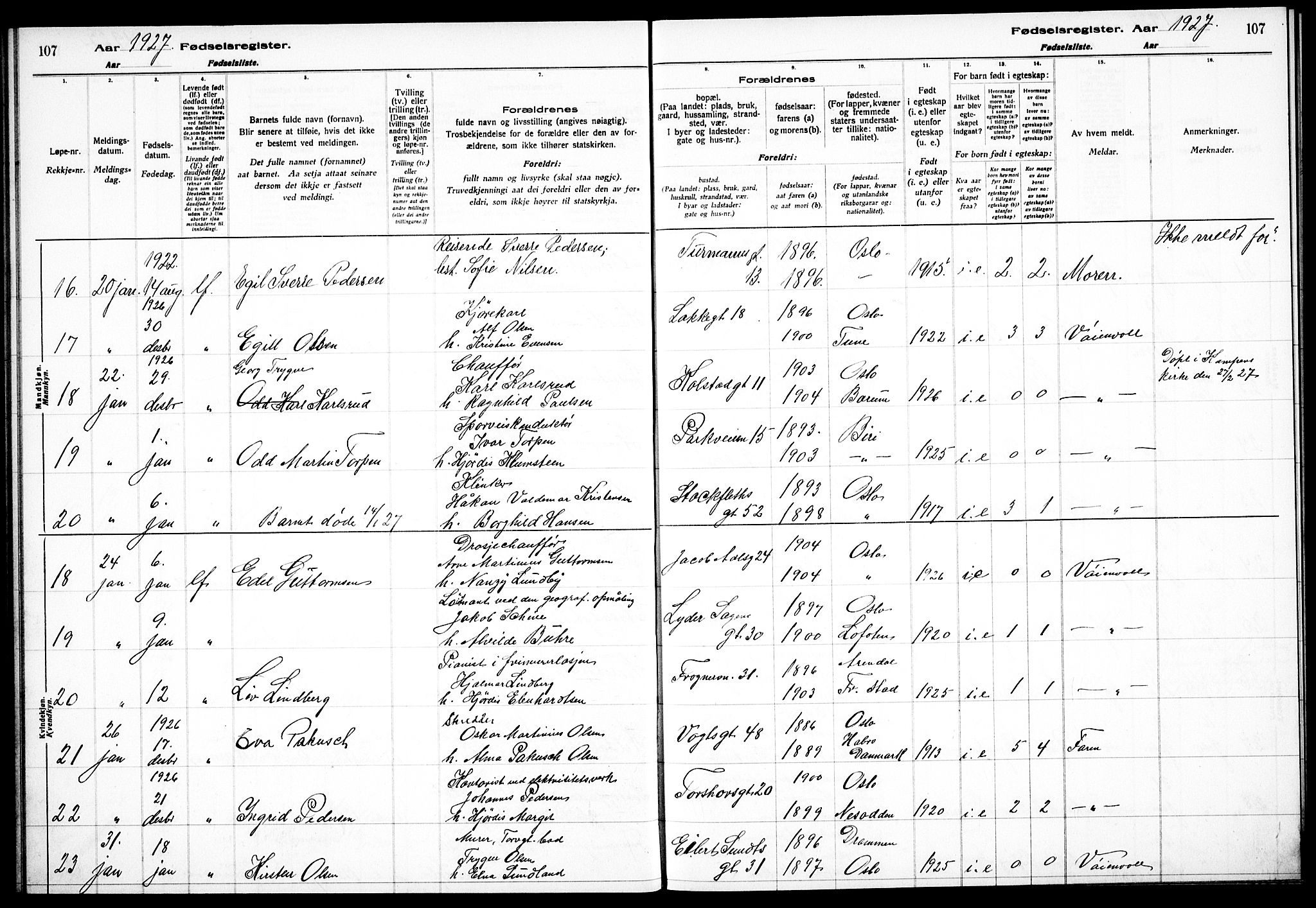 Sagene prestekontor Kirkebøker, AV/SAO-A-10796/J/L0004: Birth register no. 4, 1925-1928, p. 107