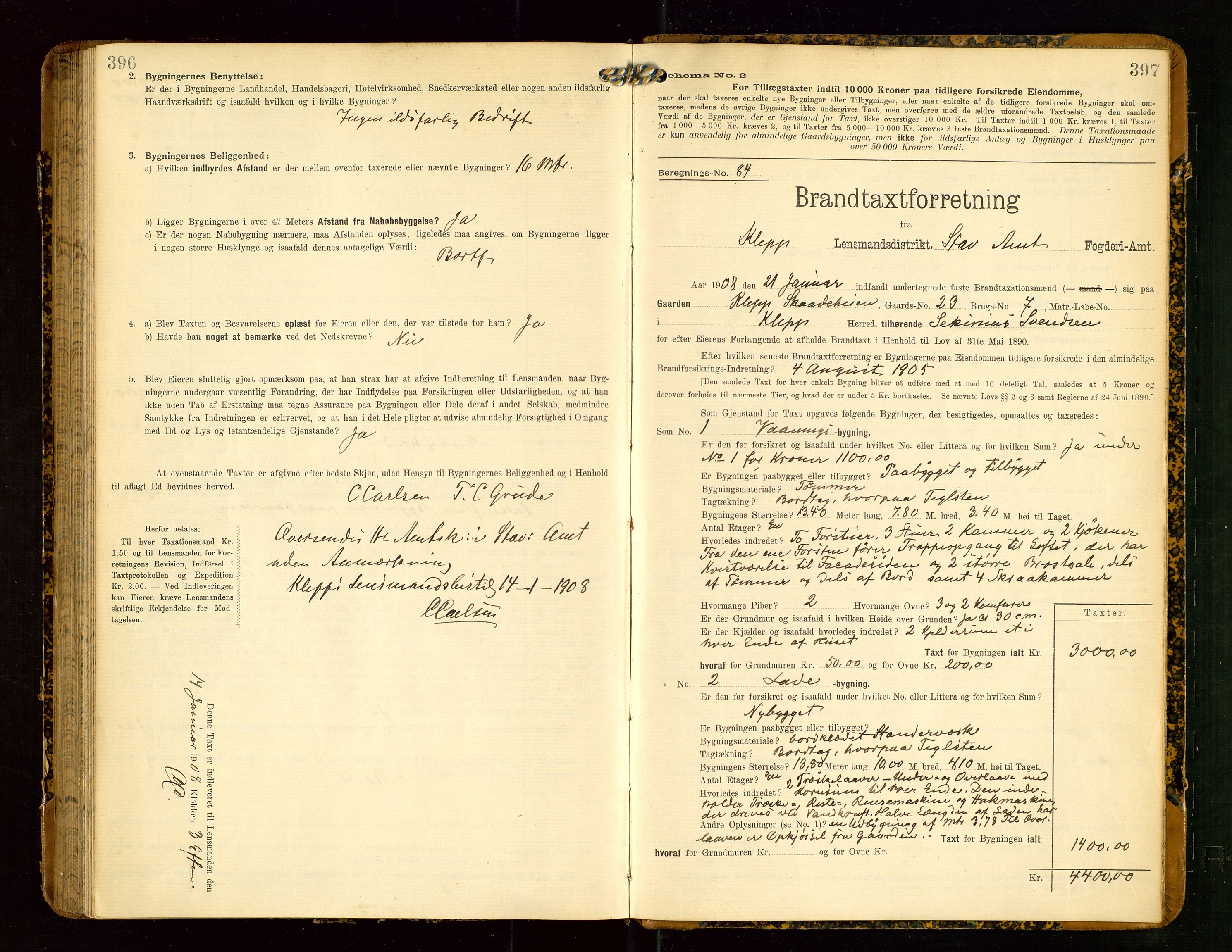 Klepp lensmannskontor, AV/SAST-A-100163/Goc/L0004: "Brandtaxationsprotokol" m/register, 1906-1908, p. 396-397