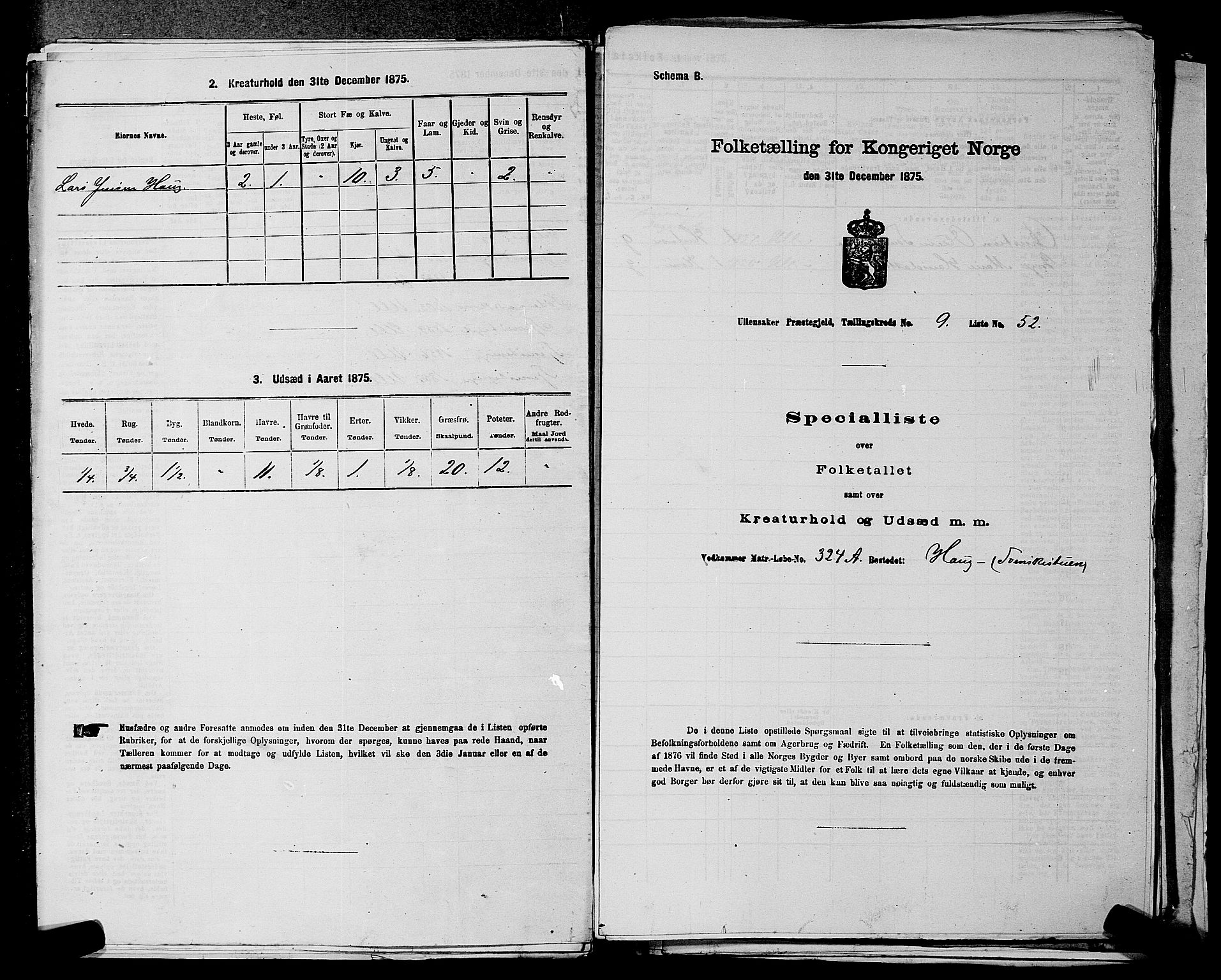 RA, 1875 census for 0235P Ullensaker, 1875, p. 1392