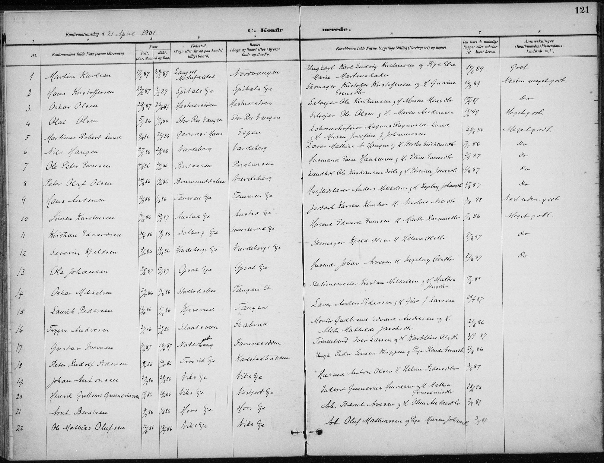 Stange prestekontor, AV/SAH-PREST-002/K/L0023: Parish register (official) no. 23, 1897-1920, p. 121