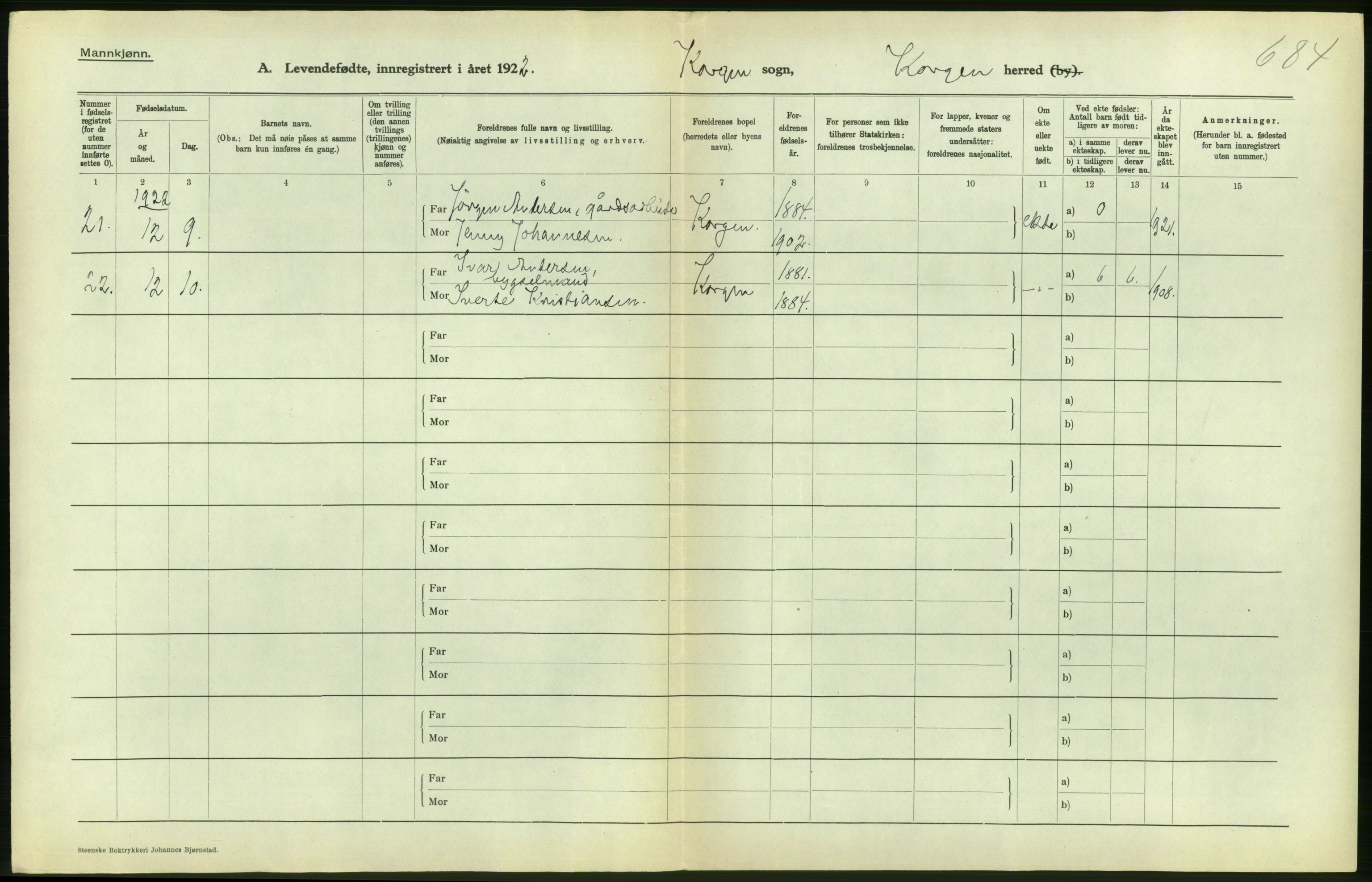 Statistisk sentralbyrå, Sosiodemografiske emner, Befolkning, AV/RA-S-2228/D/Df/Dfc/Dfcb/L0044: Nordland fylke: Levendefødte menn og kvinner. Bygder og byer., 1922, p. 260