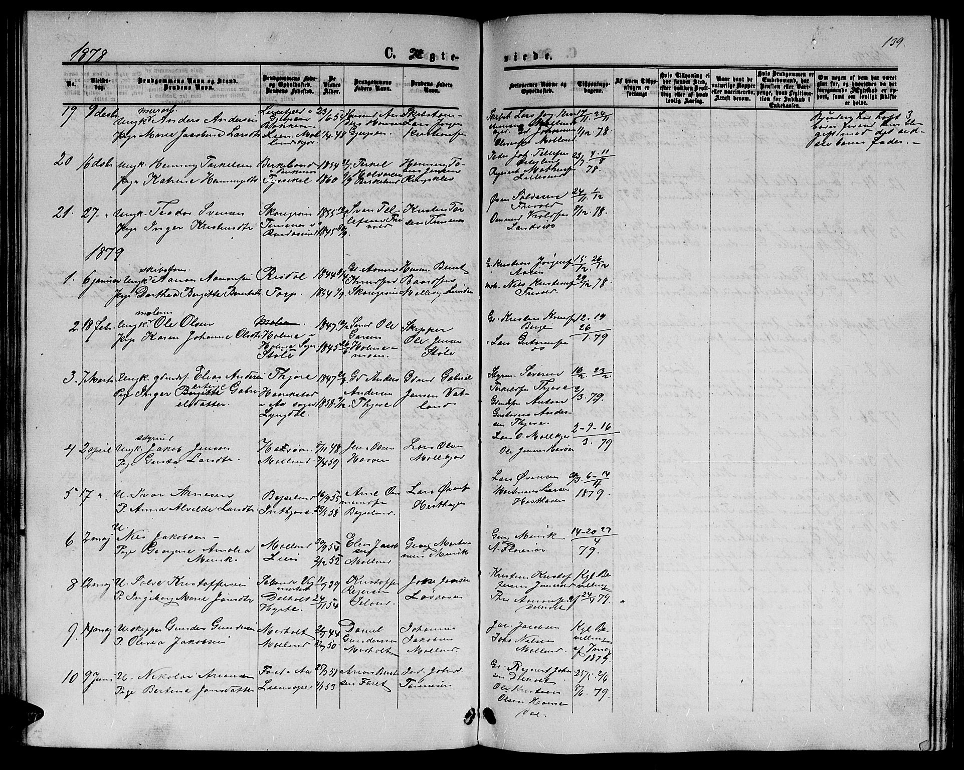 Hommedal sokneprestkontor, AV/SAK-1111-0023/F/Fb/Fbb/L0006: Parish register (copy) no. B 6, 1869-1884, p. 139