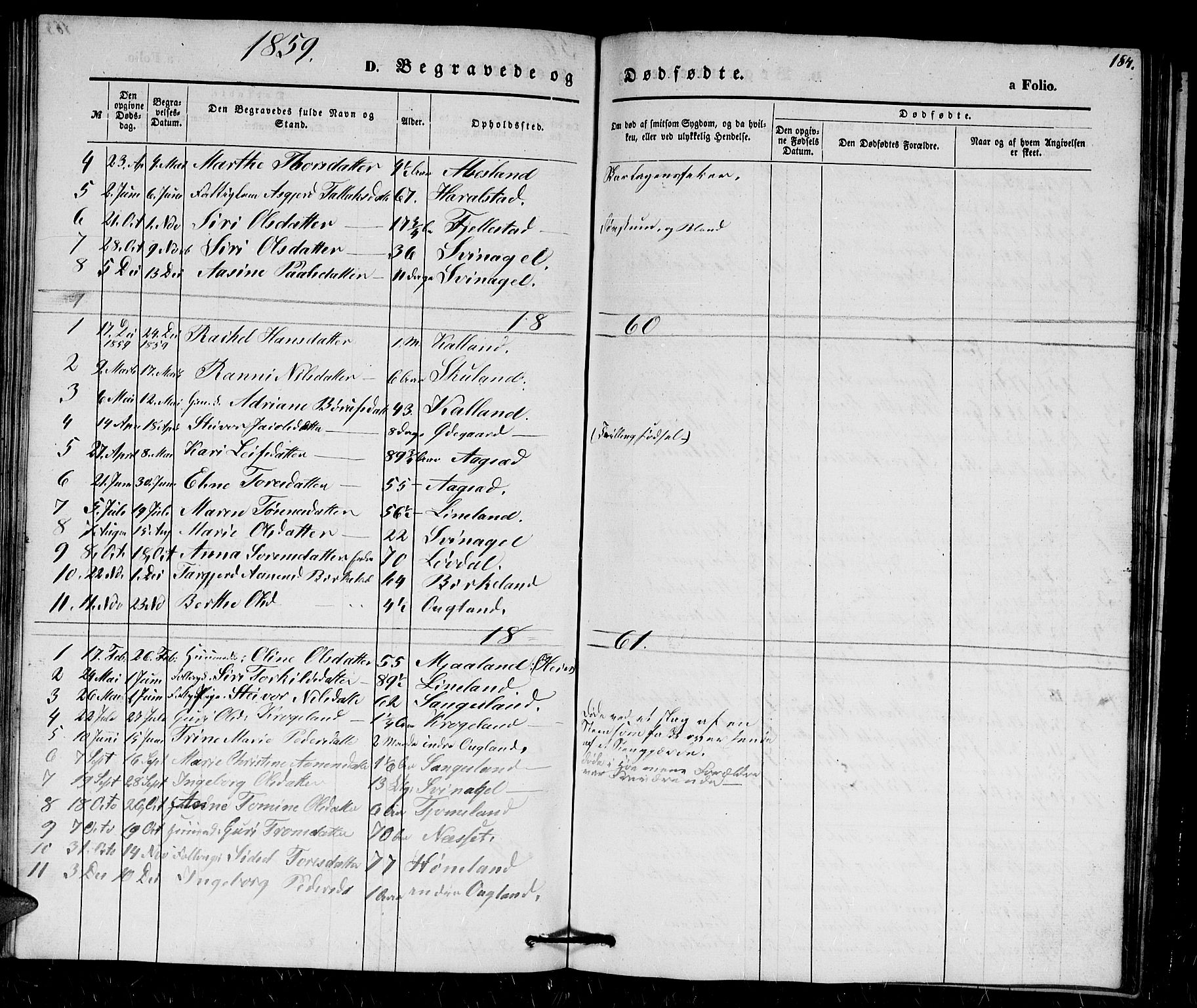 Holum sokneprestkontor, SAK/1111-0022/F/Fb/Fbb/L0002: Parish register (copy) no. B 2, 1847-1874, p. 184
