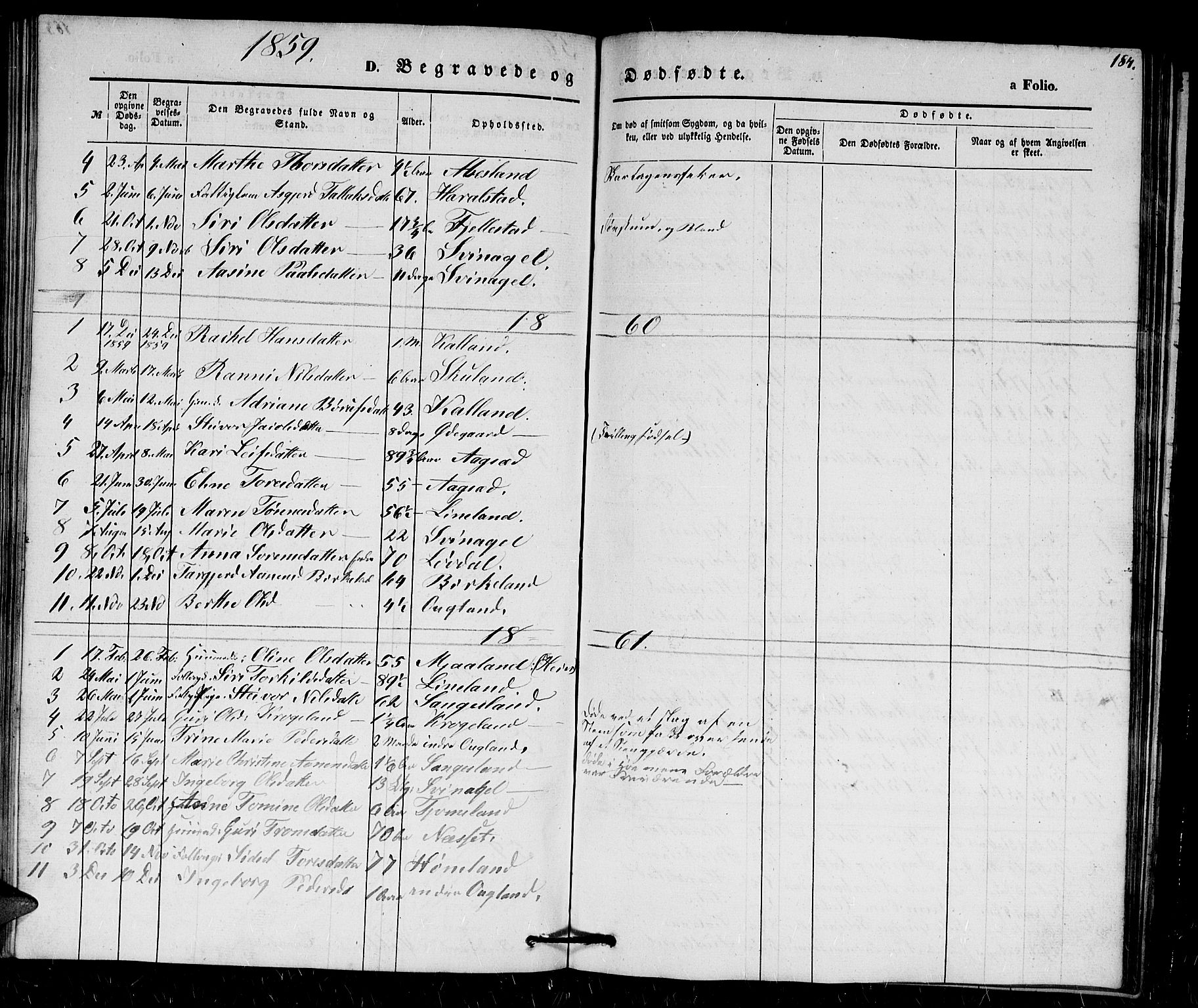 Holum sokneprestkontor, AV/SAK-1111-0022/F/Fb/Fbb/L0002: Parish register (copy) no. B 2, 1847-1874, p. 184