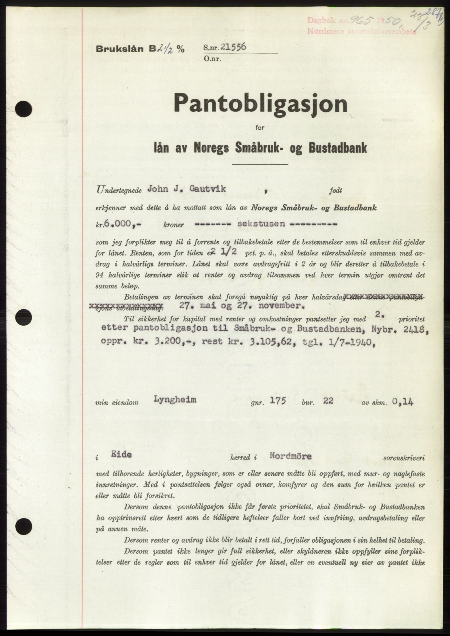 Nordmøre sorenskriveri, AV/SAT-A-4132/1/2/2Ca: Mortgage book no. B104, 1950-1950, Diary no: : 965/1950