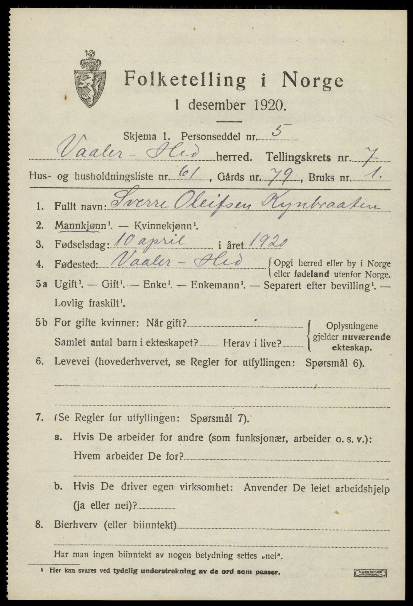 SAH, 1920 census for Våler (Hedmark), 1920, p. 8235