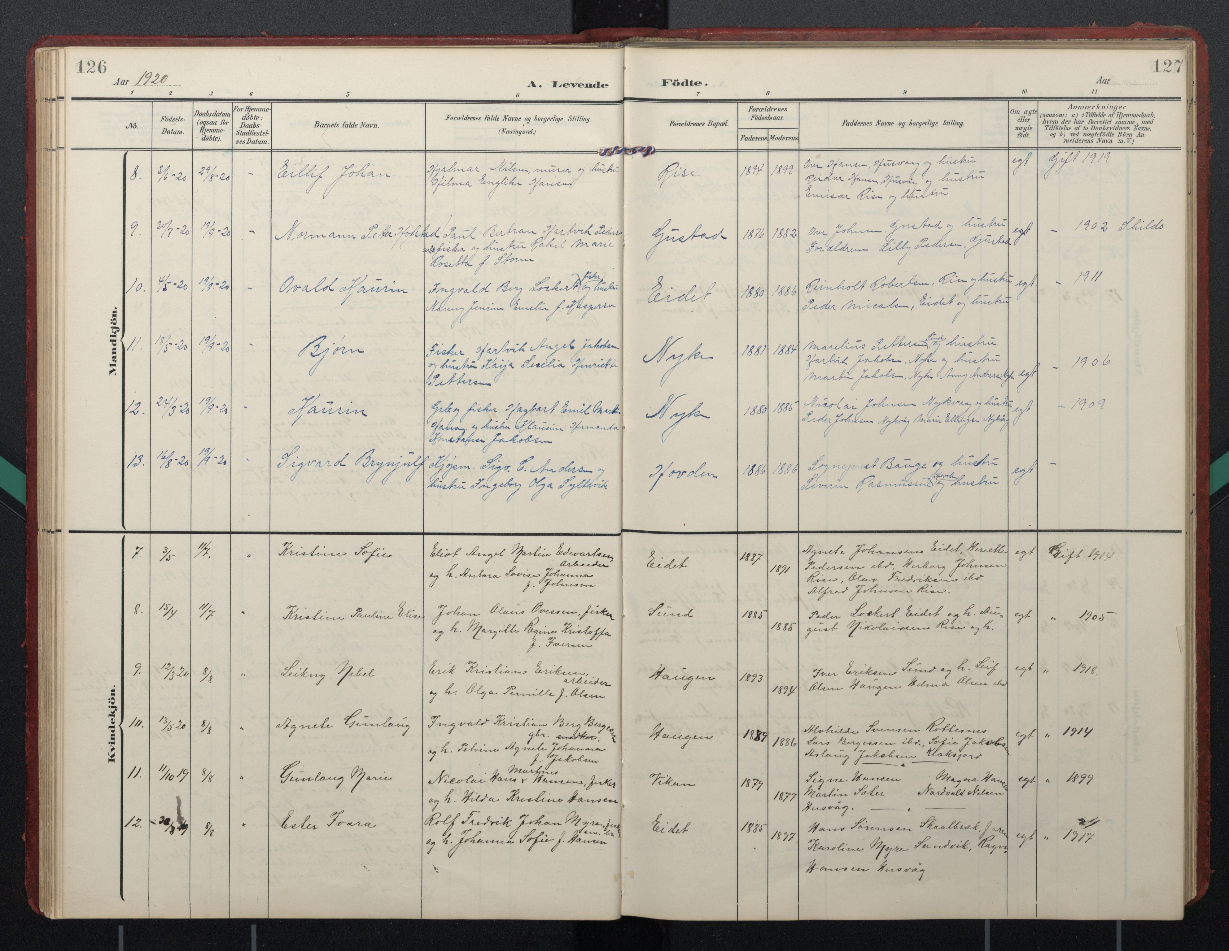 Ministerialprotokoller, klokkerbøker og fødselsregistre - Nordland, AV/SAT-A-1459/892/L1322: Parish register (official) no. 892A03, 1904-1921, p. 126-127