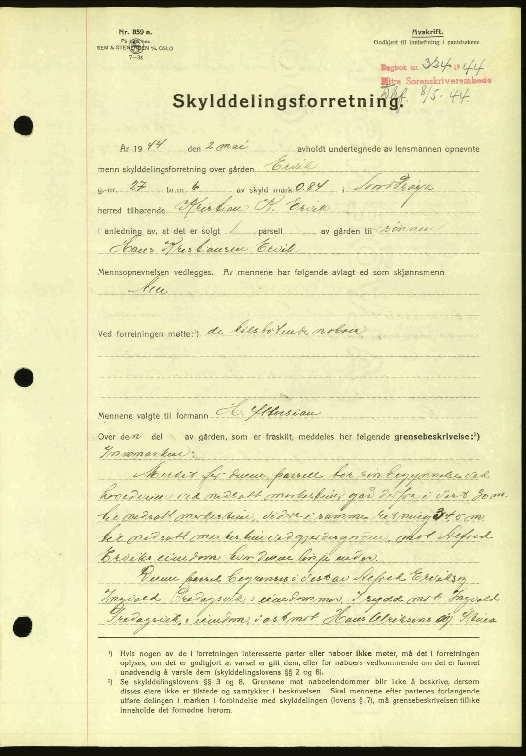 Hitra sorenskriveri, AV/SAT-A-0018/2/2C/2Ca: Mortgage book no. A2, 1943-1945, Diary no: : 324/1944