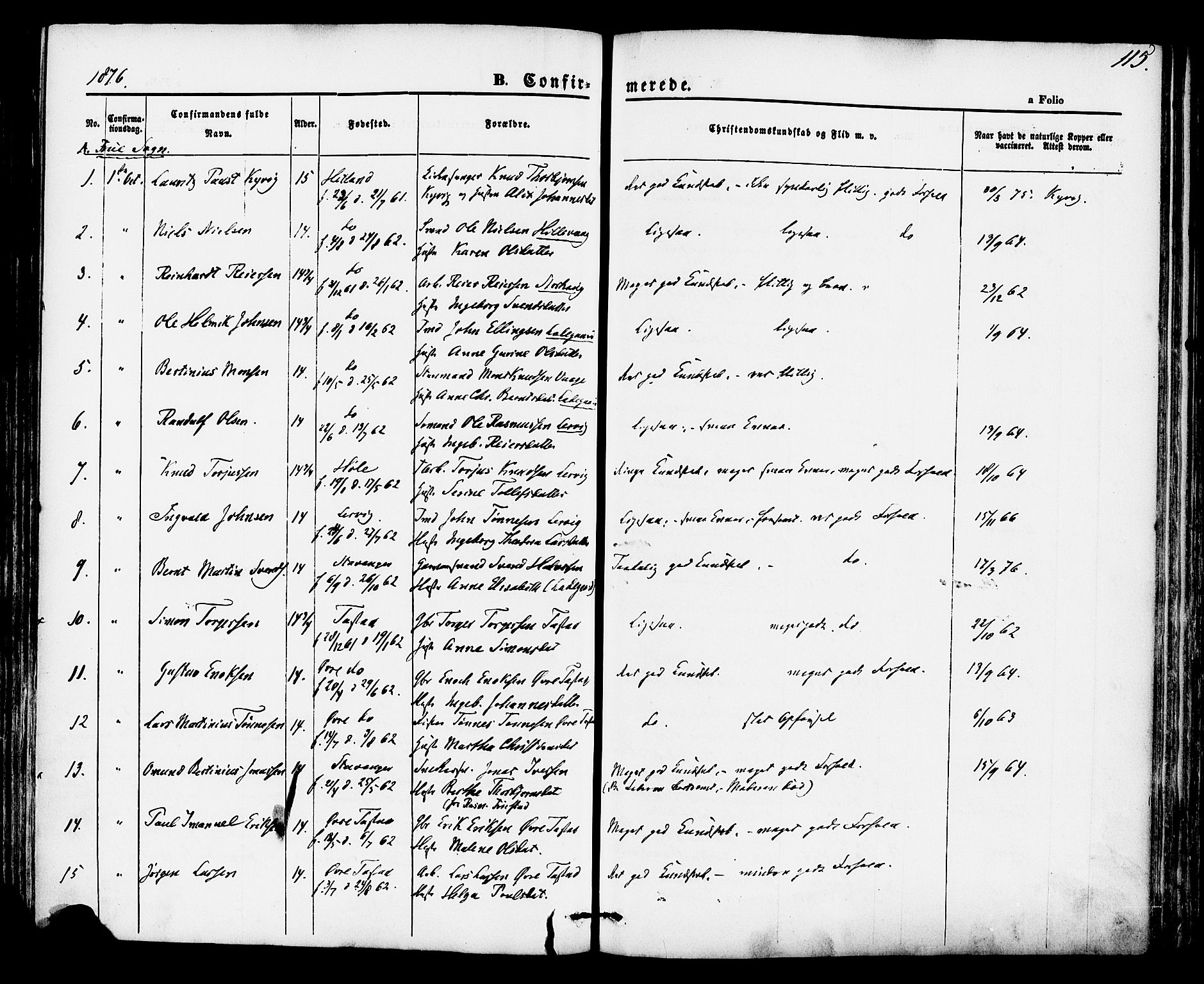 Hetland sokneprestkontor, SAST/A-101826/30/30BA/L0004: Parish register (official) no. A 4, 1862-1881, p. 115
