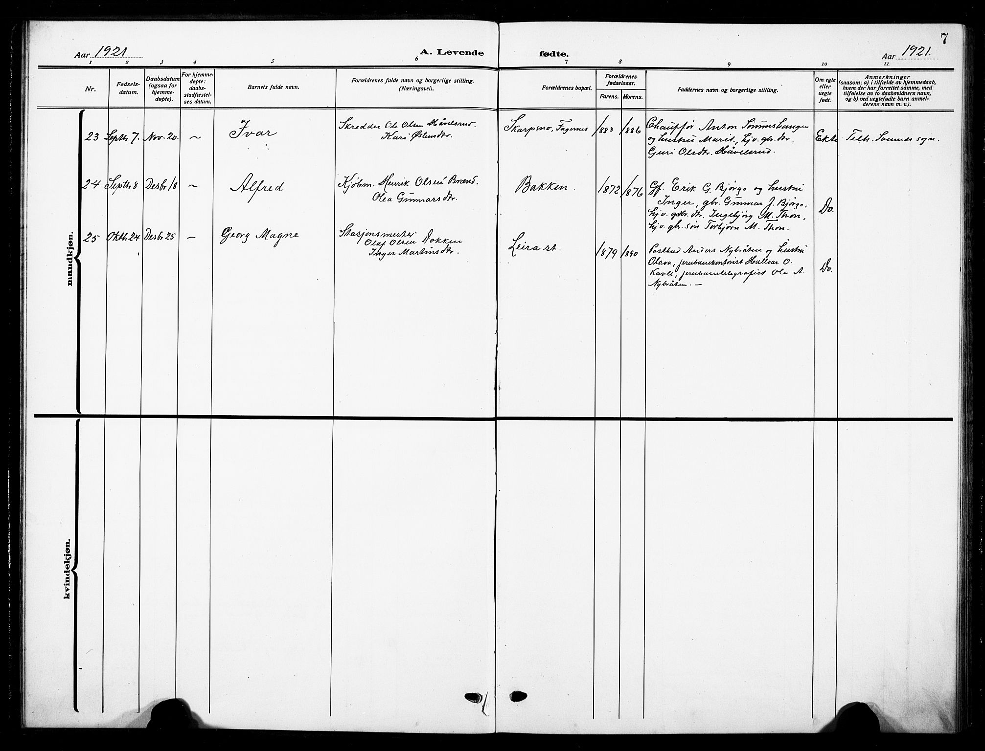 Nord-Aurdal prestekontor, SAH/PREST-132/H/Ha/Hab/L0016: Parish register (copy) no. 16, 1920-1932, p. 7