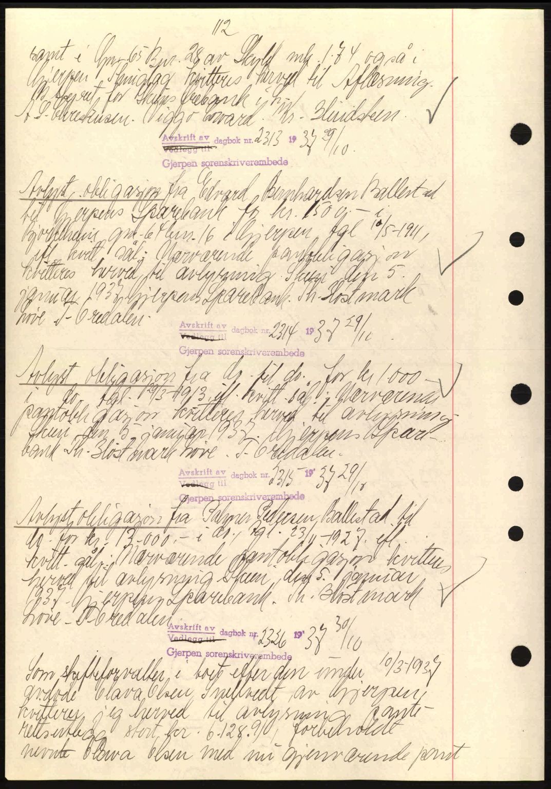 Gjerpen sorenskriveri, AV/SAKO-A-216/G/Ga/Gag/L0001: Mortgage book no. C-66 - C-70, 1936-1938, Diary no: : 2313/1937