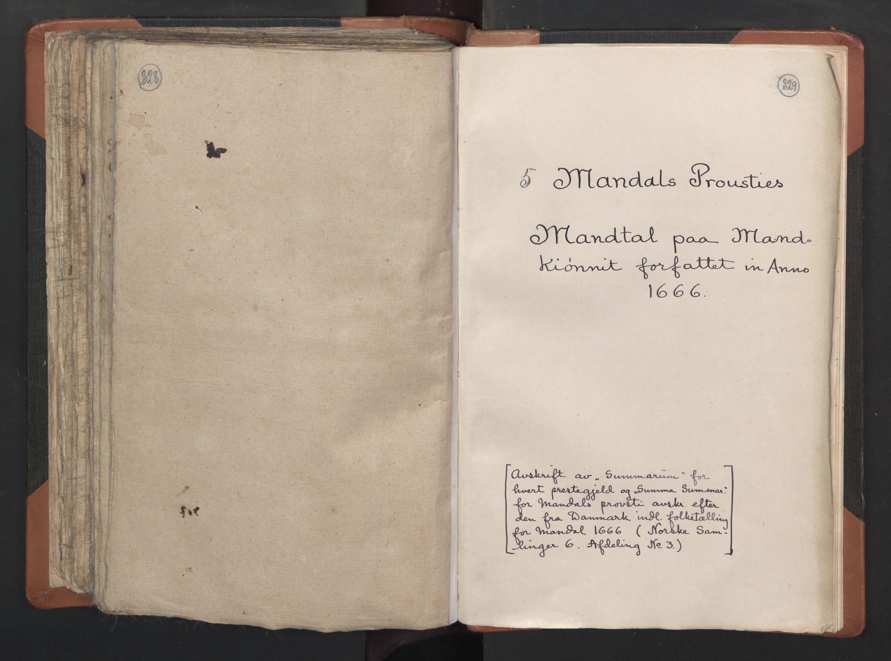 RA, Vicar's Census 1664-1666, no. 15: Mandal deanery, 1664-1666, p. 328-329